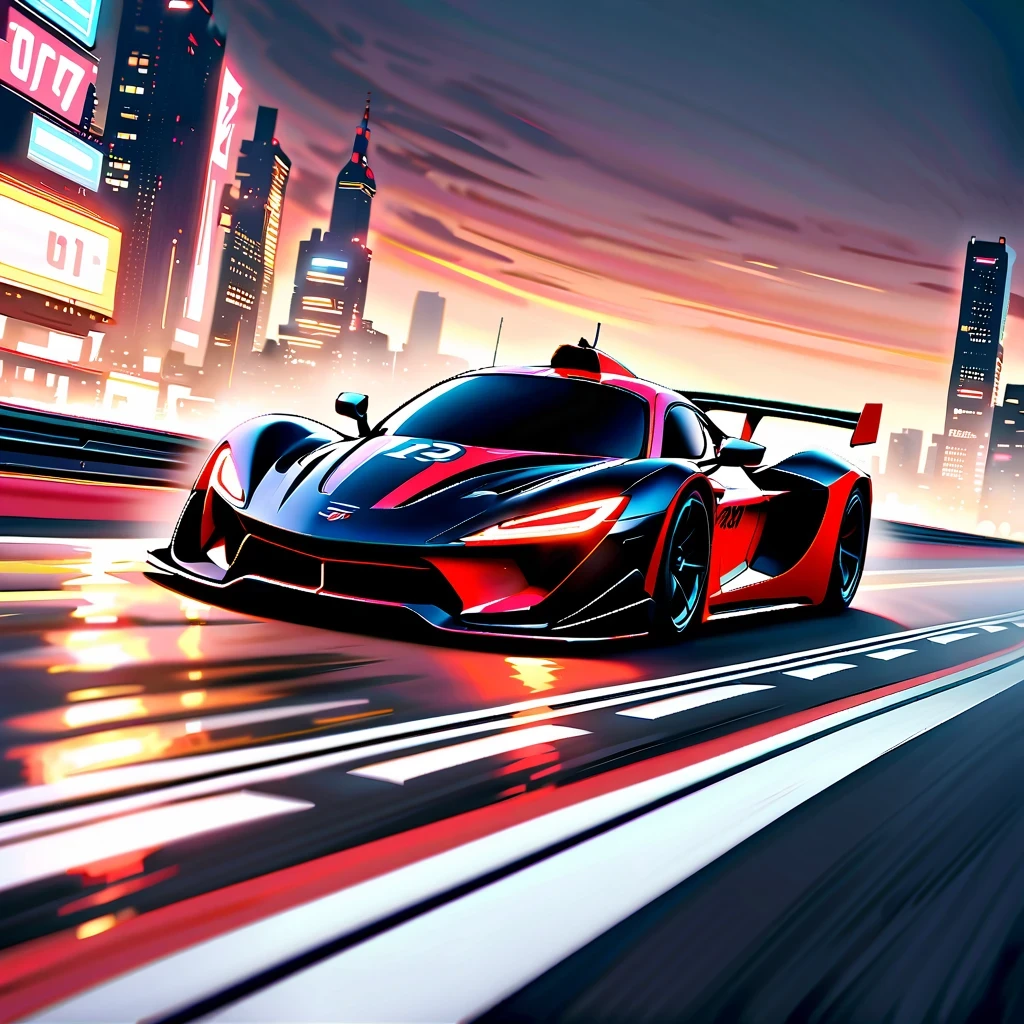 masterpiece, best quality, 4K, A stylish red racing car speeds around the track, Leave a trail of light, dark background，Contains numbers and lines representing speed or data transfer, Jet-like oil painting effect，Provide artistic style. High-tech race car with futuristic design, Smooth and dynamic lines, Race on a spacious track，The streamlined body and cool black color are eye-catching. Cityscape background with skyscrapers and bustling scenery, Forming a picture full of modernity and technology. The racing car is placed at the bottom of the frame, The cityscape fills the rest of the frame