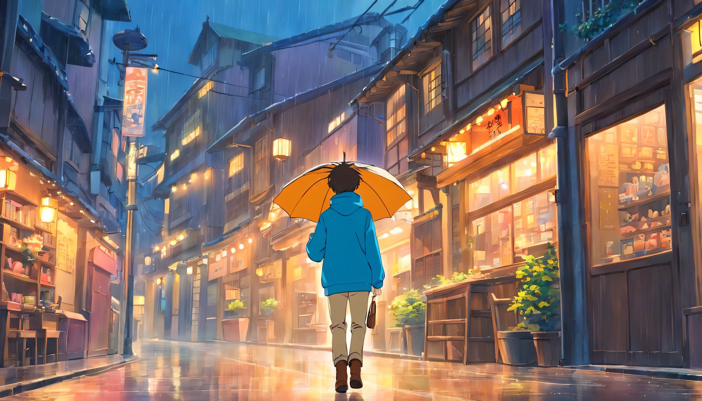 Anime boy, blue hoodie, beige jeans, brown boots shoes, in the style of anime, in the style of anime, anime art style, simple design, simple lines, anime aesthetic, anime drawing holding an umbrella in the rain, an anime drawing by Makoto Shinkai, pixiv, conceptual art, anime atmospheric, anime art wallpaper 4 k, anime art wallpaper 4k, anime background art, anime art wallpaper 8 k, anime style 4 k, anime wallpaper 4 k, anime wallpaper 4k, 4k anime wallpaper
