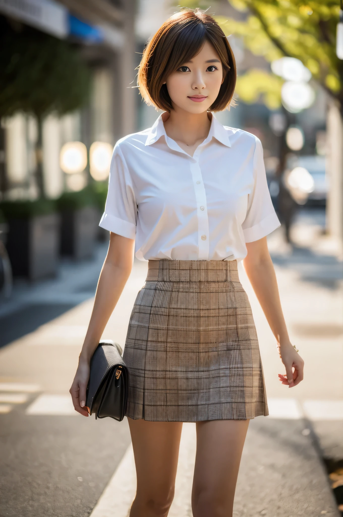 highest quality,masterpiece,32k,sharp focus,150mm,F1.4,professional lighting,cinematic lighting,natural light profile,slim and smooth lines,beautiful japanese woman,25 year old girl,Are standing,street,short hair,light brown hair,collared shirt,skirt,Hilarious,