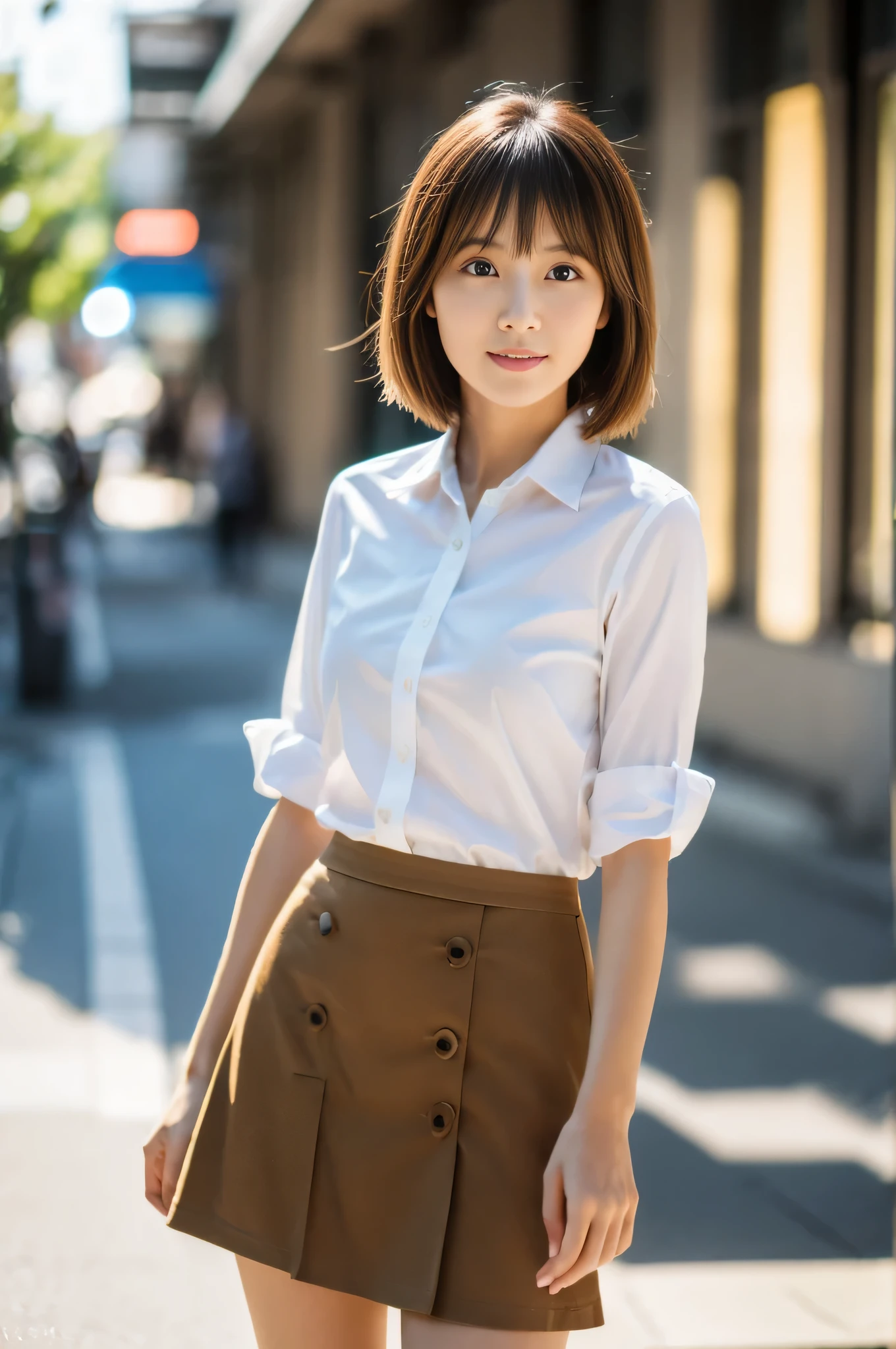 highest quality,masterpiece,32k,sharp focus,150mm,F1.4,professional lighting,cinematic lighting,natural light profile,slim and smooth lines,beautiful japanese woman,25 year old girl,Are standing,street,short hair,light brown hair,collared shirt,skirt,Hilarious,