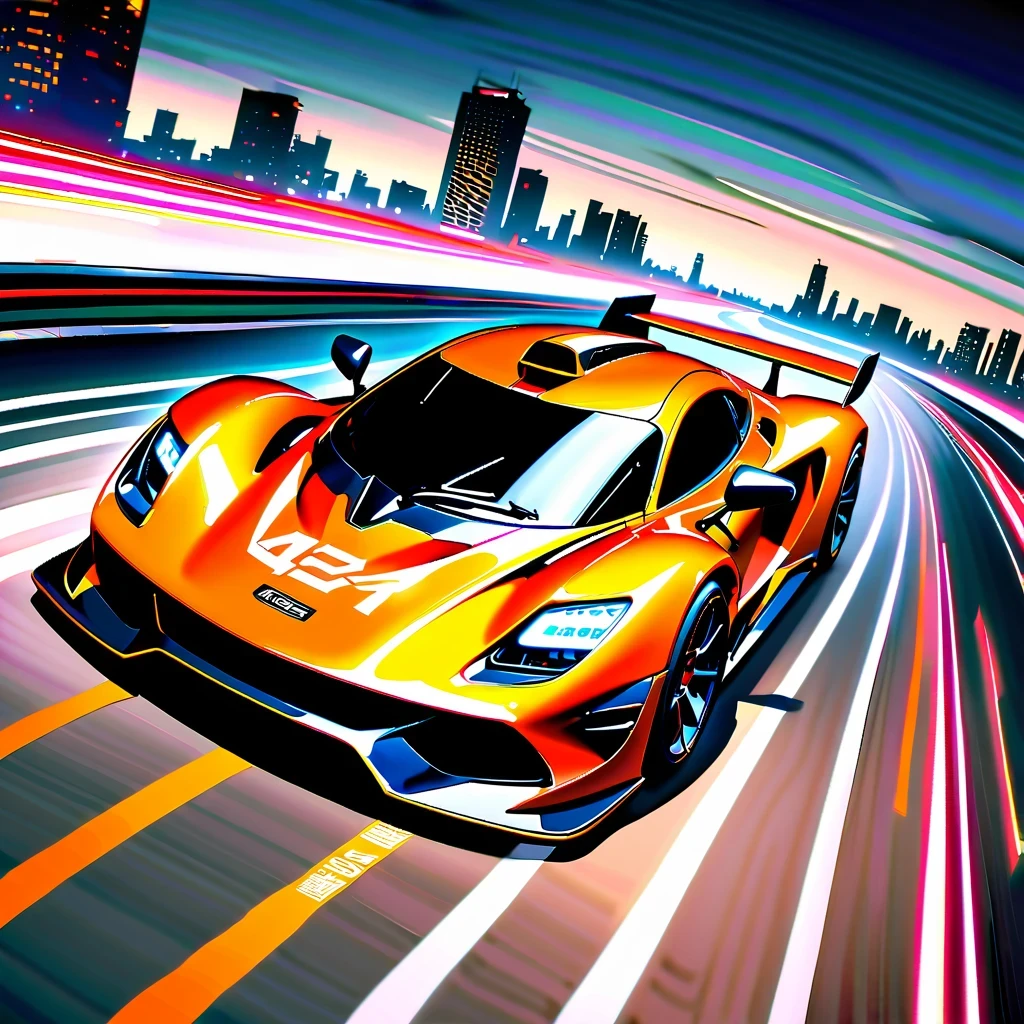 masterpiece, best quality, 4K, A stylish red racing car speeds around the track, Leave a trail of light, dark background,Contains numbers and lines representing speed or data transfer, Jet-like oil painting effect,Provide artistic style. High-tech race car with futuristic design, Smooth and dynamic lines, Race on a spacious track,The streamlined body and cool black color are eye-catching. Cityscape background with skyscrapers and bustling scenery, Forming a picture full of modernity and technology. The racing car is placed at the bottom of the frame, The cityscape fills the rest of the frame