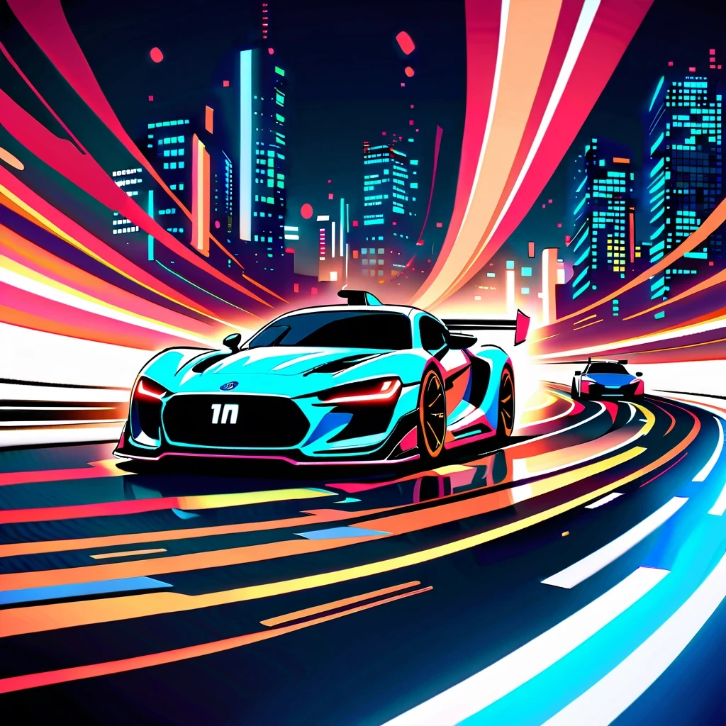 masterpiece, best quality, 4K, A stylish red racing car speeds around the track, Leave a trail of light, dark background，Contains numbers and lines representing speed or data transfer, Jet-like oil painting effect，Provide artistic style. High-tech race car with futuristic design, Smooth and dynamic lines, Race on a spacious track，The streamlined body and cool black color are eye-catching. Cityscape background with skyscrapers and bustling scenery, Forming a picture full of modernity and technology. The racing car is placed at the bottom of the frame, The cityscape fills the rest of the frame