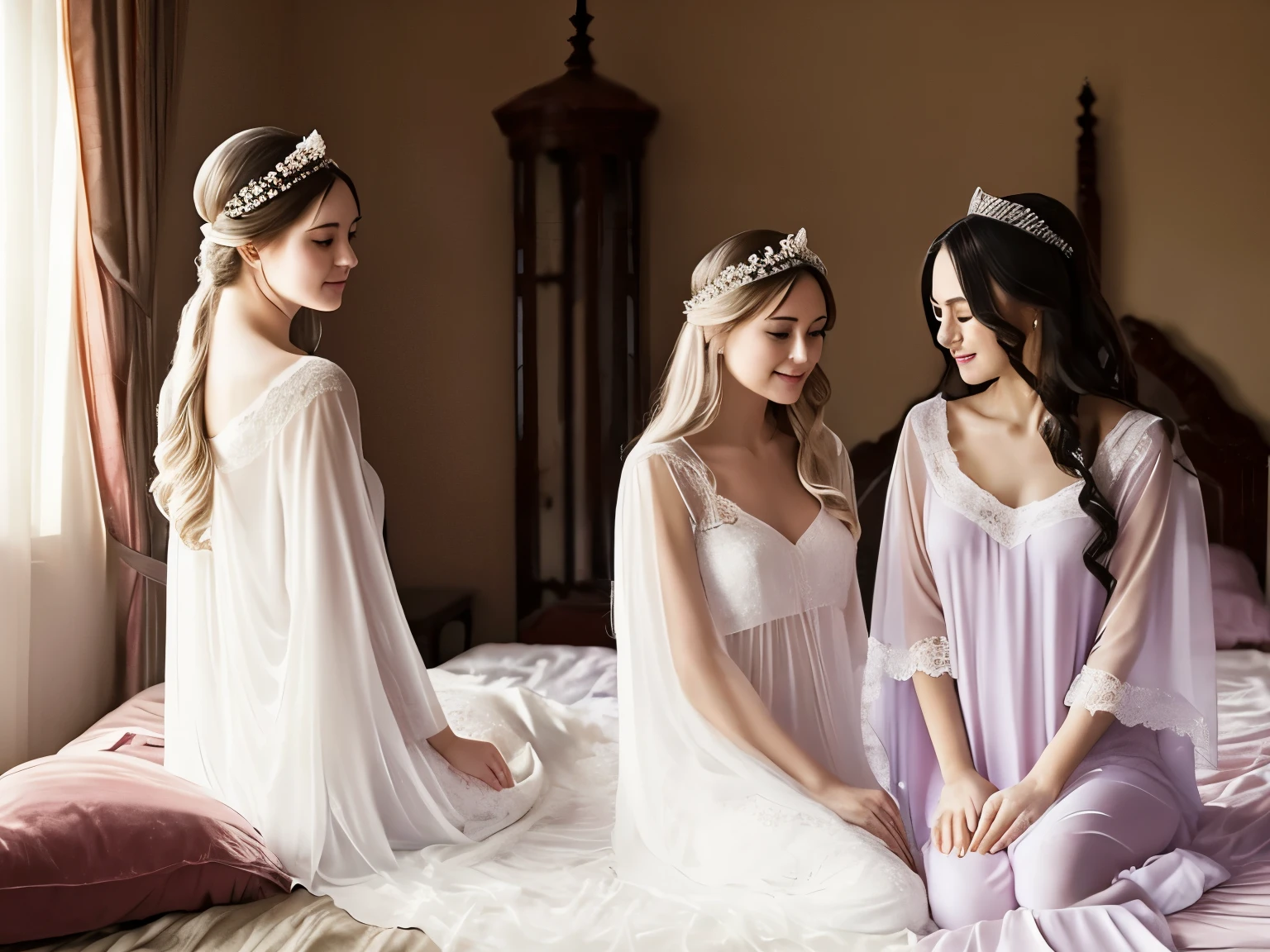 There is a white 40-year-old queen and a 20-year-old princess in a palace bedroom.。They both wear crowns、She is looking at me in a short nightgown that is thin and see-through.。full body photo。