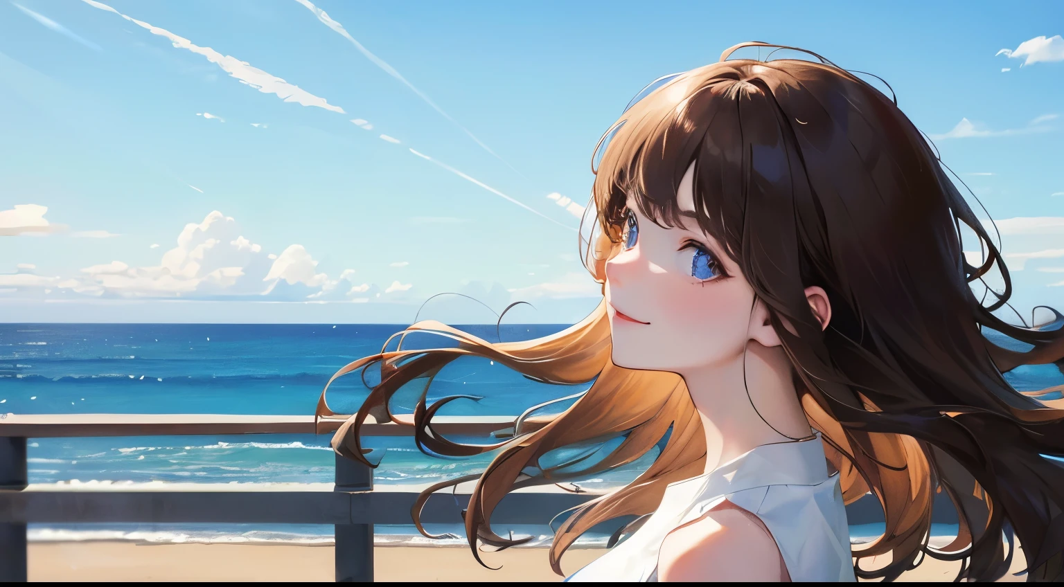 (((one girl)))、(Wind))、Masterpiece,best quality, (((View from the side))), determined expression, ((Smile))、white sleeveless shirt、upper body diagram、
(highest resolution、clear_image)、best quality、contrast of light and shadow、((illumination))、very detailed、semi-realistic、medium long hairstyle、brown hair、bangs、25 years old、office　Lady,,young、((blue sky background))、delicate facial features facial features、