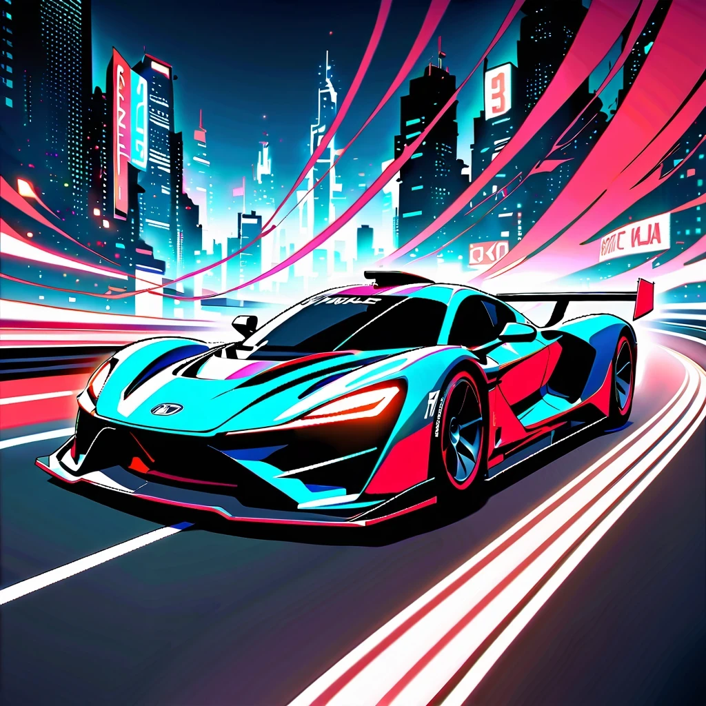 masterpiece, best quality, 4K, A stylish red racing car speeds around the track, Leave a trail of light, dark background，Contains numbers and lines representing speed or data transfer, Jet-like oil painting effect，Provide artistic style. High-tech race car with futuristic design, Smooth and dynamic lines, Race on a spacious track，The streamlined body and cool black color are eye-catching. Cityscape background with skyscrapers and bustling scenery, Forming a picture full of modernity and technology. The racing car is placed at the bottom of the frame, The cityscape fills the rest of the frame