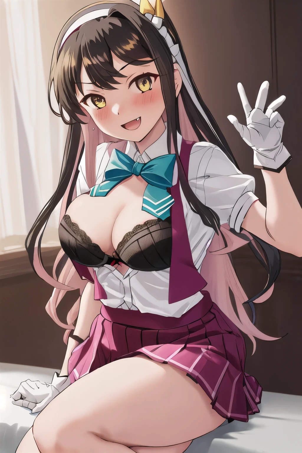 highest quality, masterpiece, High resolution, 一人in, {naganami_Fleet Collection:1.15}, colorful_hair, pink_hair, black_hair, length_hair, 2 tone_hair, yellow_eye, smile, teeth, wavy_hair, ribbon, Open_mouth, bow, blush, chest, hair_, 1 girl, bowtie, gloves, hairband, shirt, white_hairband, white_shirt, Brown_gloves, fingerless_gloves, short_sleeve,blouse, big_chest, skirt, hair_Down, looking for_in_viewer, School_uniform, purple_vest, (From above:1.2), bent down, blush, smile,highest quality, masterpiece, perfect lighting, (bra)