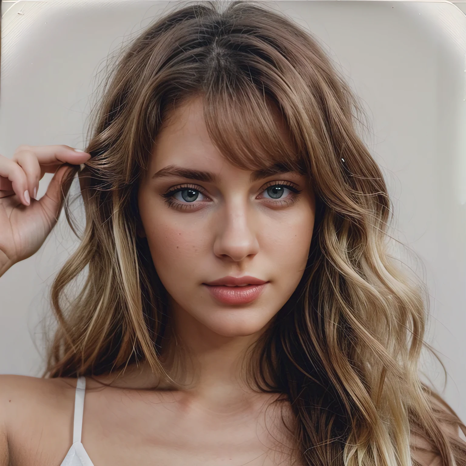  Pirenópolis Goiás, bem vestida, Polaroid Vibes [obra de arte], [Haiza is a young Brazilian model, Olhos limpos, ((messy long blonde platinum hair from the 80s)), Pele bronzeada HD, labios grandes, rosto detalhado, morando em 1988] 