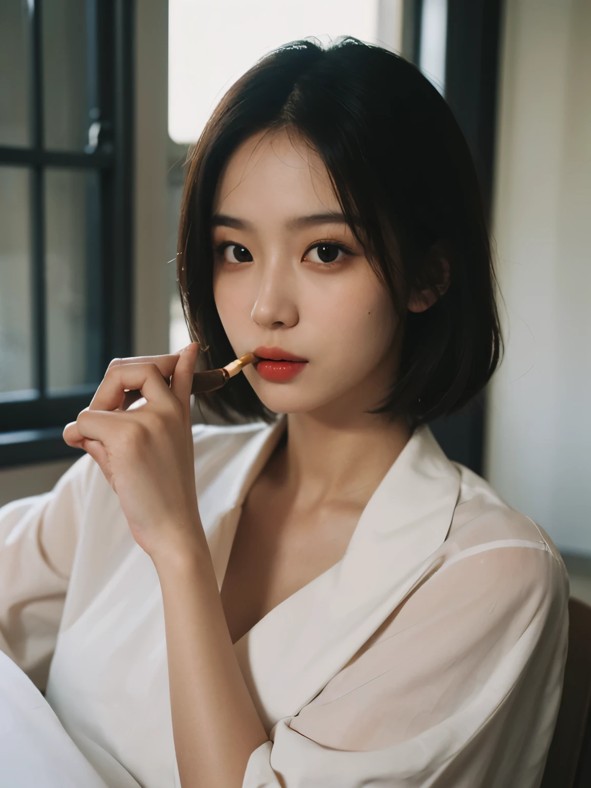Best quality, masterpiece, ultra high res, (photorealistic:1.5), raw photo, 1girl smoking, naked and covered up with blanket , in the room with open windows, light shadow, low key, warm light, sexy look, short hair, asian face, Chinese face, (cigarette on mouth, smoke from cigarettes: 1.2) smoking, (perfect detailed cigarettes with dark yellow filter) (perfect detailed cigarettes) cigarette, cigar on the mouth, cigar on the mouth, (cigar on the mouth: 1.4), real person with white bright skin, cold flat eyes, tired eyes, cool eyes, looking to the windows 