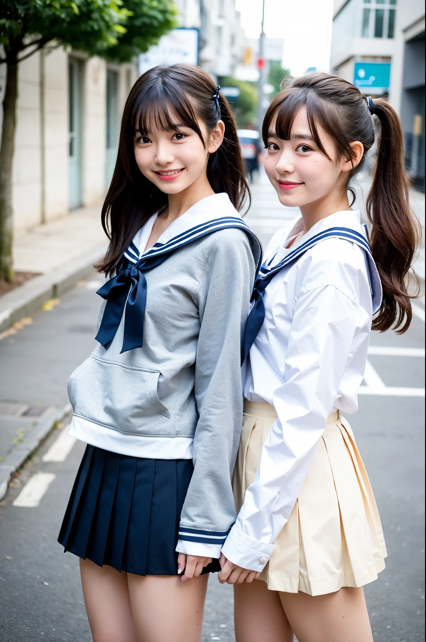 2 girls walking in windy street,long-sleeved sailor ,flip-up pleated skirt by wind,white panties,school bag,18-year-old,bangs,a little smile,thighs,knees,low ponytails with barrette with white bow,hair browing in wind,from below,front light