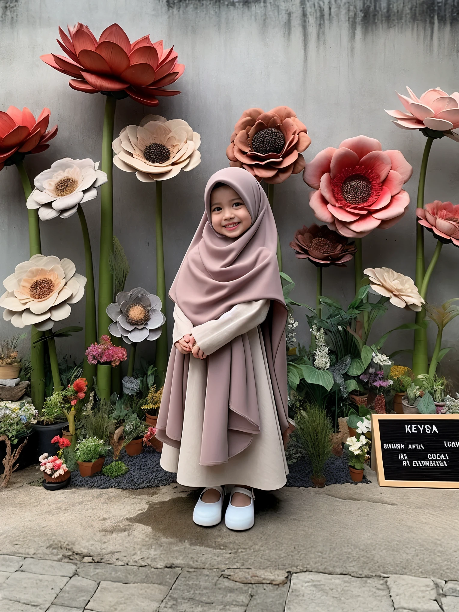 there is a  standing in front of a wall with flowers, inspired by Nazmi Ziya Güran, katelynn mini cute style, hijab, reyyan, inspired by Naza, inspired by Fathi Hassan, modest, inspired by Mym Tuma, , kawaai, with cape, ( ready - made )