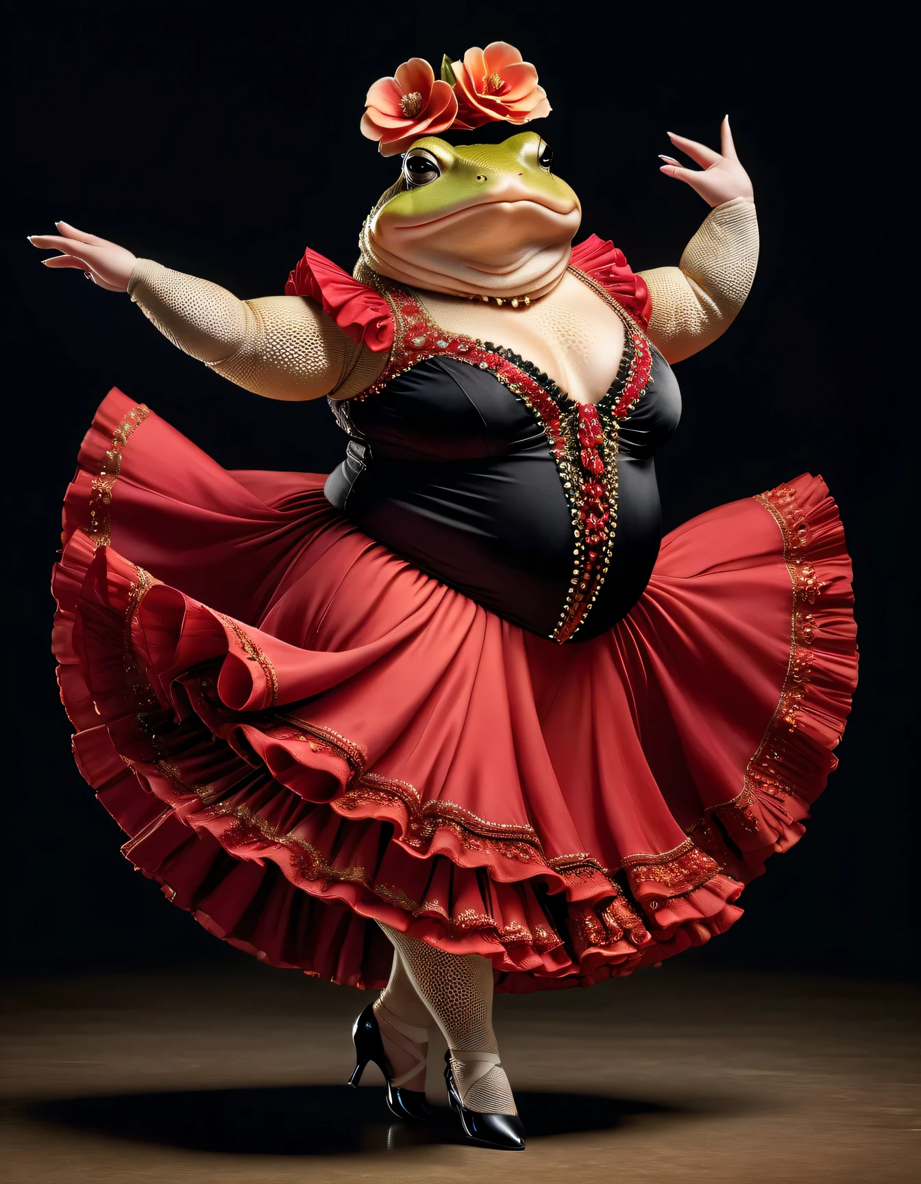photorealistic portrait of Dressed animals - a ((fat)) toad flamenco dancer, arms up ,(flamenco dynamic dancing), high quality,(lovely) ,intricate details, highly detailed ((flamenco costume)) ,highly detailed dress, high heels, toad skin, highly detailed decorations, (cute), studio lighting,(full body image:1.5)