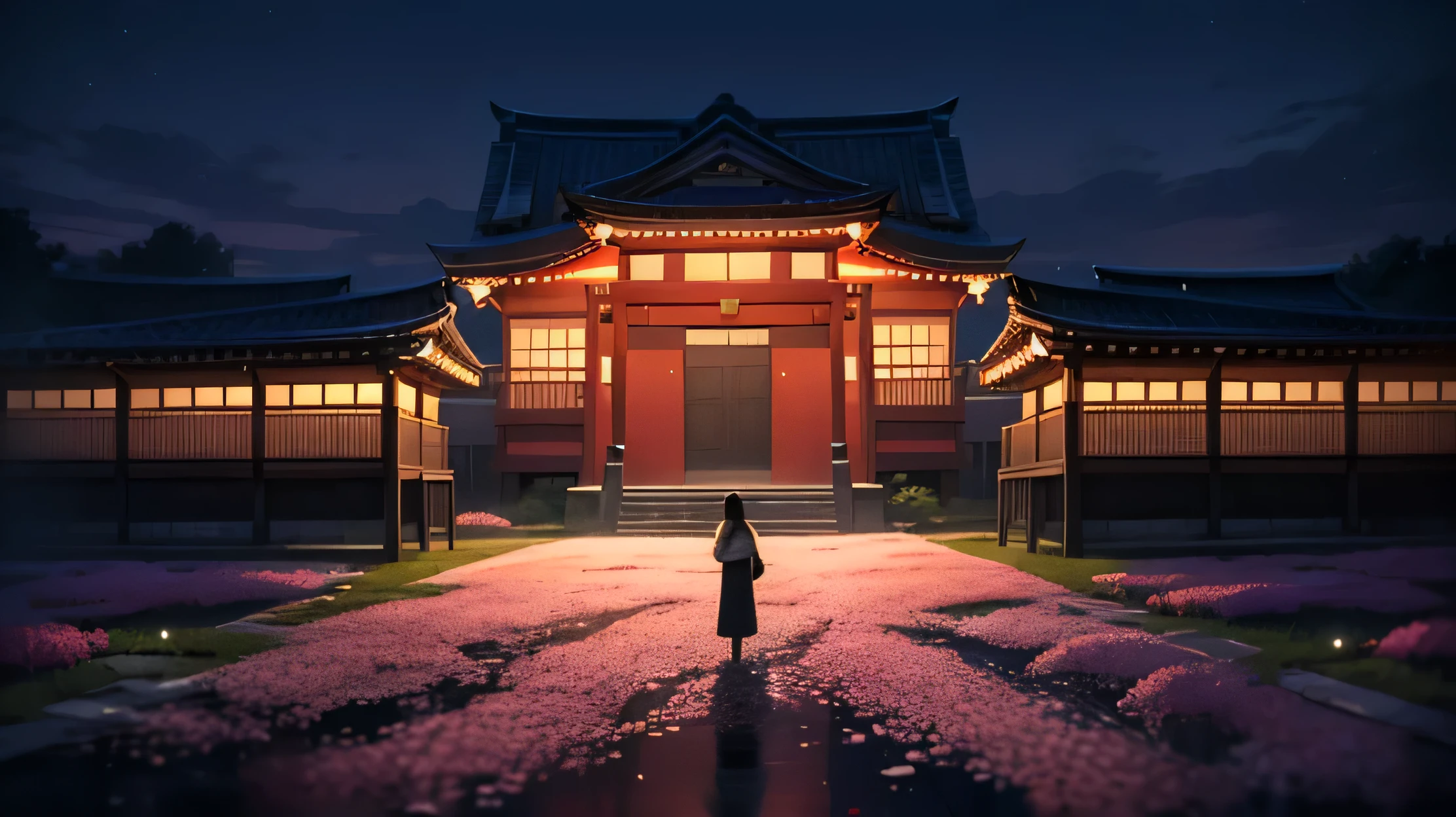 Arafed image of a woman standing in front of a building with flowers projected onto the ground, Dynamic lighting takes place during the cherry blossom season, Vibrant scenery of heroine Japan, colorful projection, Japan at night, great images, Tanyo Kano, teamlab, Great temple of flowers, beast, by Katsukawa Shun'ei