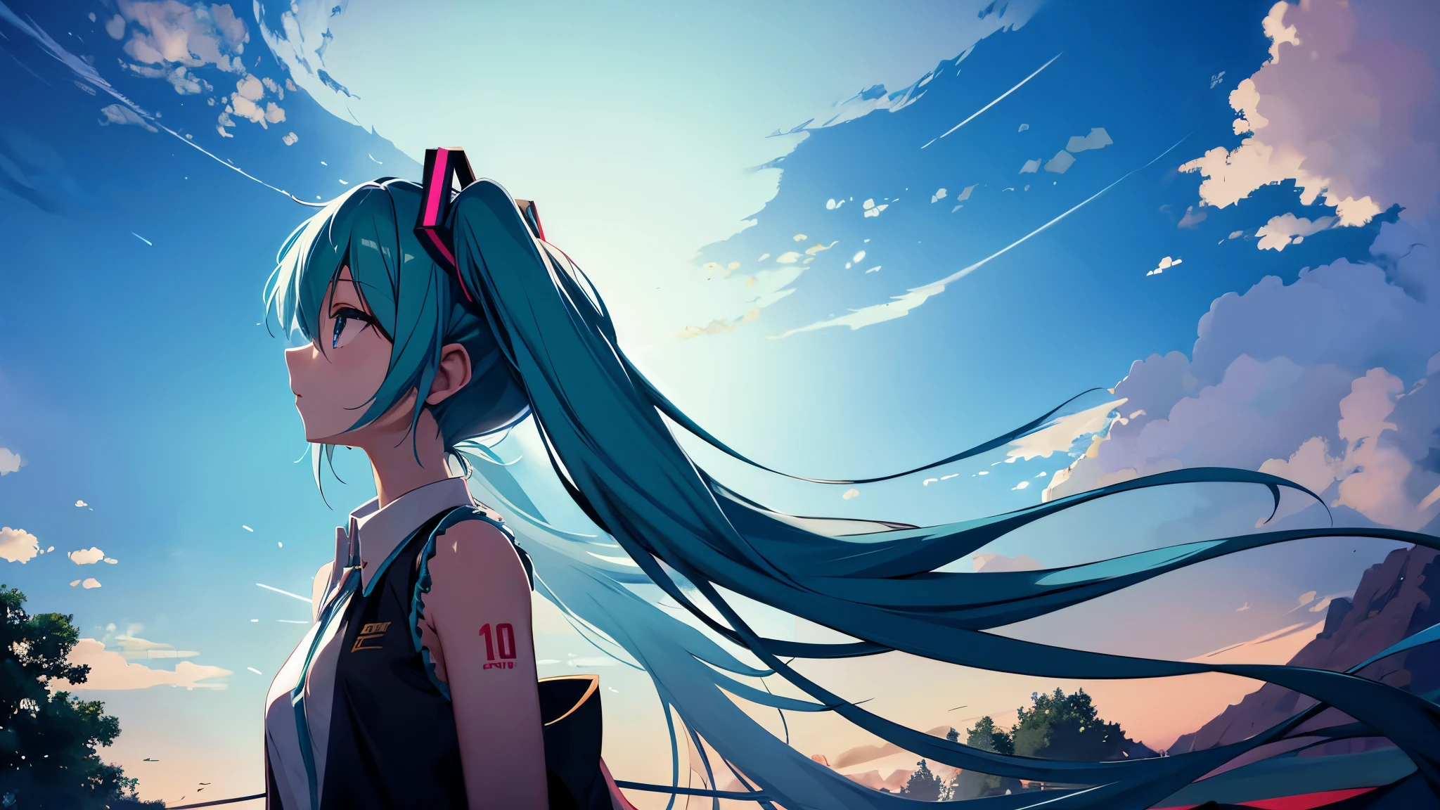 anime characters、Hatsune Miku、In town、Looking up at the sky with sadness