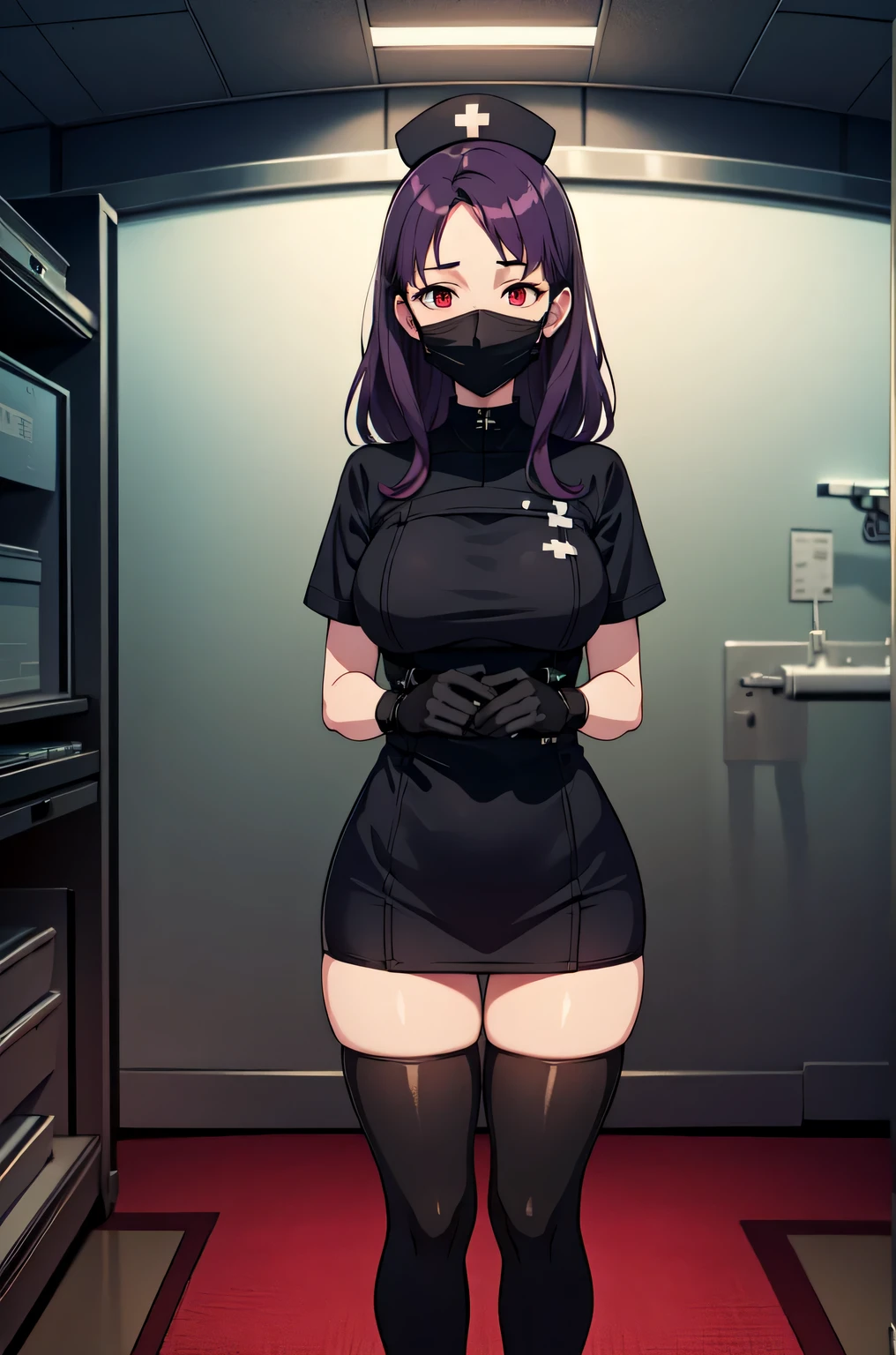 (absurdres, 8k, 4k, masterpiece, hyper extreme detailed:1.2), solo, front view portrait, best quality, portrait, solo, adult, cowboyshot, perfect anatomy, 1girl, perfect face, expressive eyes, perfect eyes, t-shirt, standing up, standing against wall, standing, kyoko kirigiri, (braid:1.1), hair behind ear, long hair, (side braid:1.1), light purple hair, hair ribbon, ribbon, (purple eyes:1.1), graphic t-shirt, casualwear, glasses half body, dynamic pose, forward view, looking at viewer, stoic, uninterested, bound, bondage, (arms behind back:1.4), bdsm, tape gag, tape, tape bondage, close-up, restrained, best anatomy, half body, taped thighs, taped legs, legs together, tape wrapped, wrap gag, tightly bound, tape wrapped around face, standing, aakyoko, long hair, purple hair, side braid, blunt bangs, hair ribbon, black ribbon, danganronpa \(series\), annoyed,