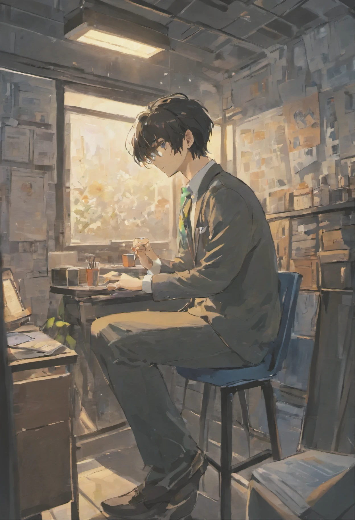 pure white room, Tall man working on a PC, black hair, simple clothes, picture in white frame, rainbow flower painting, no beard has grown, sitting, Calm atmosphere, coffee.