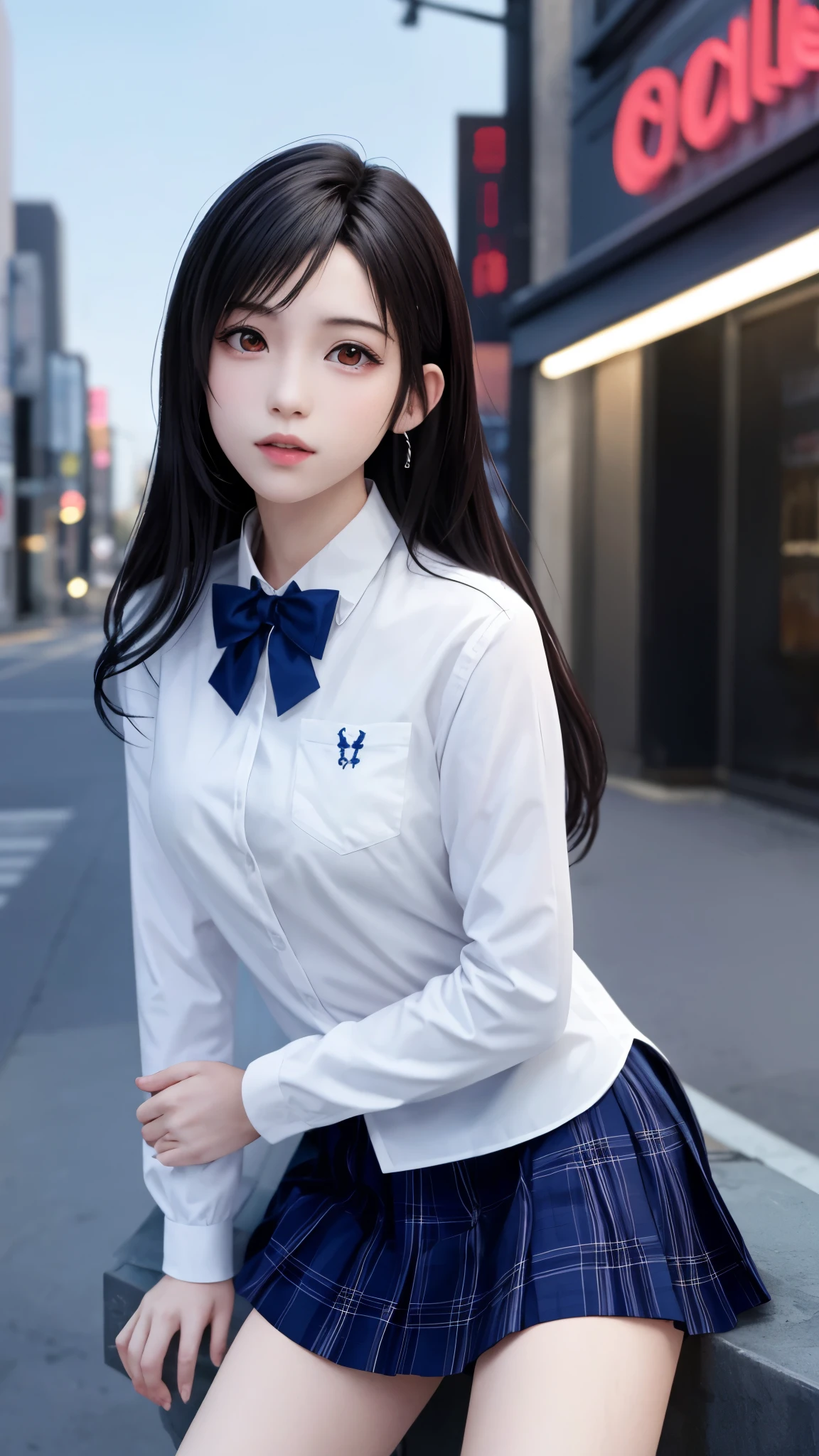 {top quality, 4k, masterpiece},{{{Realistic}}},wallpapers, BREAK {{{FF7,Tifa_lockhart,solo}}},{{{Japanese JK uniform, Navy Blue blazer, collared school shirt, long-sleeved, Navy Blue Plaid Pleated mini-Skirt, loafers}}},school bag,{{background big city, Shibuya, neon}},Cinematic lighting, city light at night,{{model pose, Nogizaka idol}},Ultra-detailed face, Detailed eyes, Red eyes, BREAK (((FF7,Tifa_lockhart))),{black brown hair, medium breasts}, BREAK , About 18 years old, kawaii,{{{face focus}}}, leaning forward, Beautiful legs, standing, spread legs
