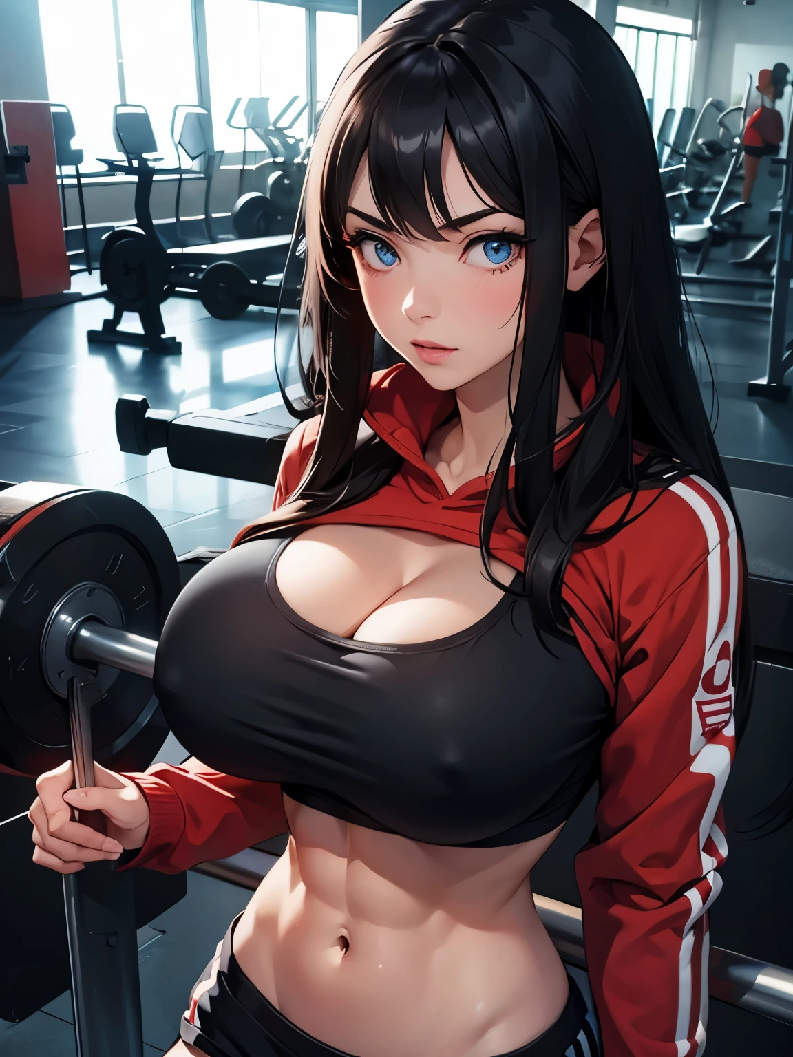 girl, in the gym, ((huge breasts)), long black hair, blue eyes, Red sweatshirt, shorts, cleavage, (abdominal muscles)