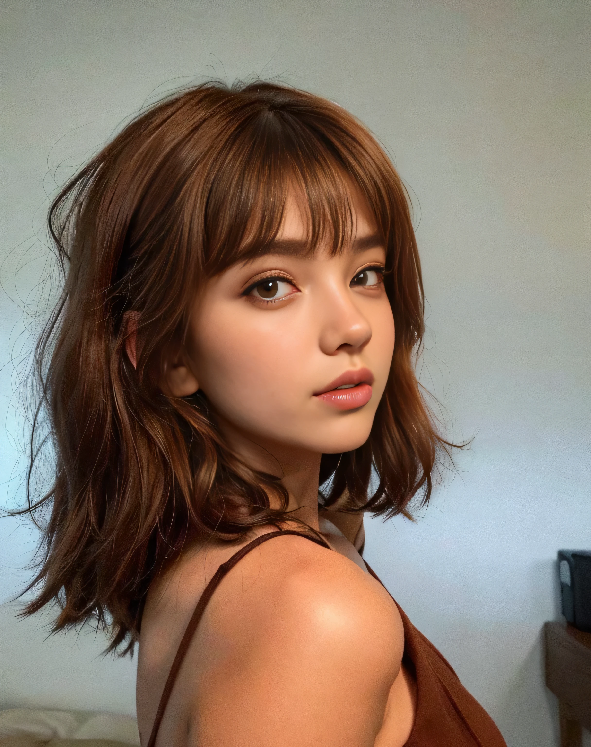 there is a woman in a brown blouse and a brown dress, brown hair com franja, cabelo castanho e franja, short brown hair com franja, franja marrom, neat hair com franja, com franja, with short hair com franja, cabelo castanho coral, grande franja marrom, franja fofa, franja e cabelos ondulados, com franja completa, franja de cortina, 🤤 retrato de 