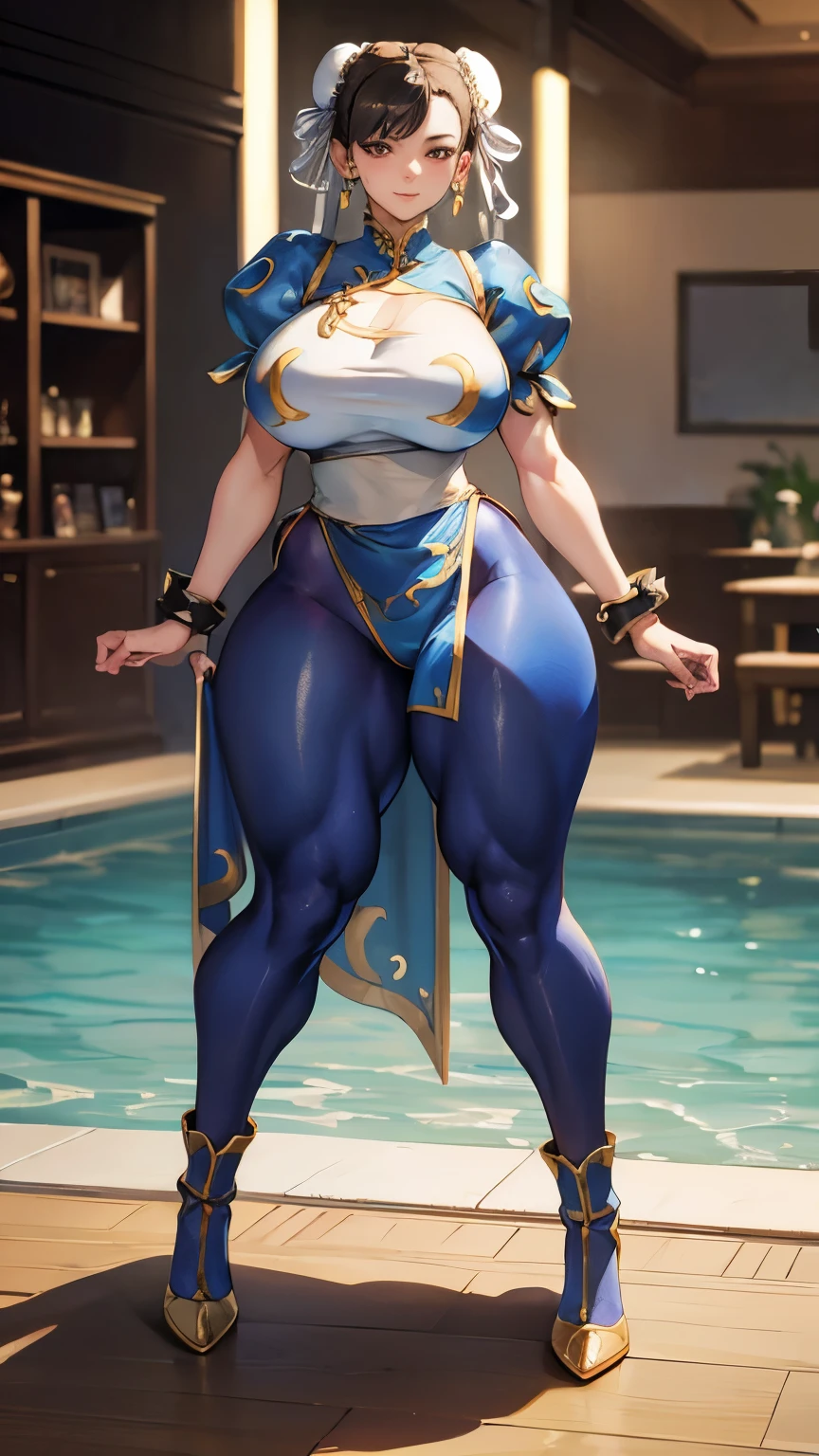 (masterpiece), (highest quality), 8K resolution, Super detailed, very detailed, realistic, photograph, photorealism, (1 girl), Chunli, Chunli costume, perfect body, smile, photographのためにポーズをとる, huge breasts, logic, thick thighs, thick legs, wide hips, hourglass illustration, super wide hips, hip bone, very thin waist (full body)(topless:1.3), full body shot, Strong lower body, strong legs, strong calves, mature woman, mother, mature woman,