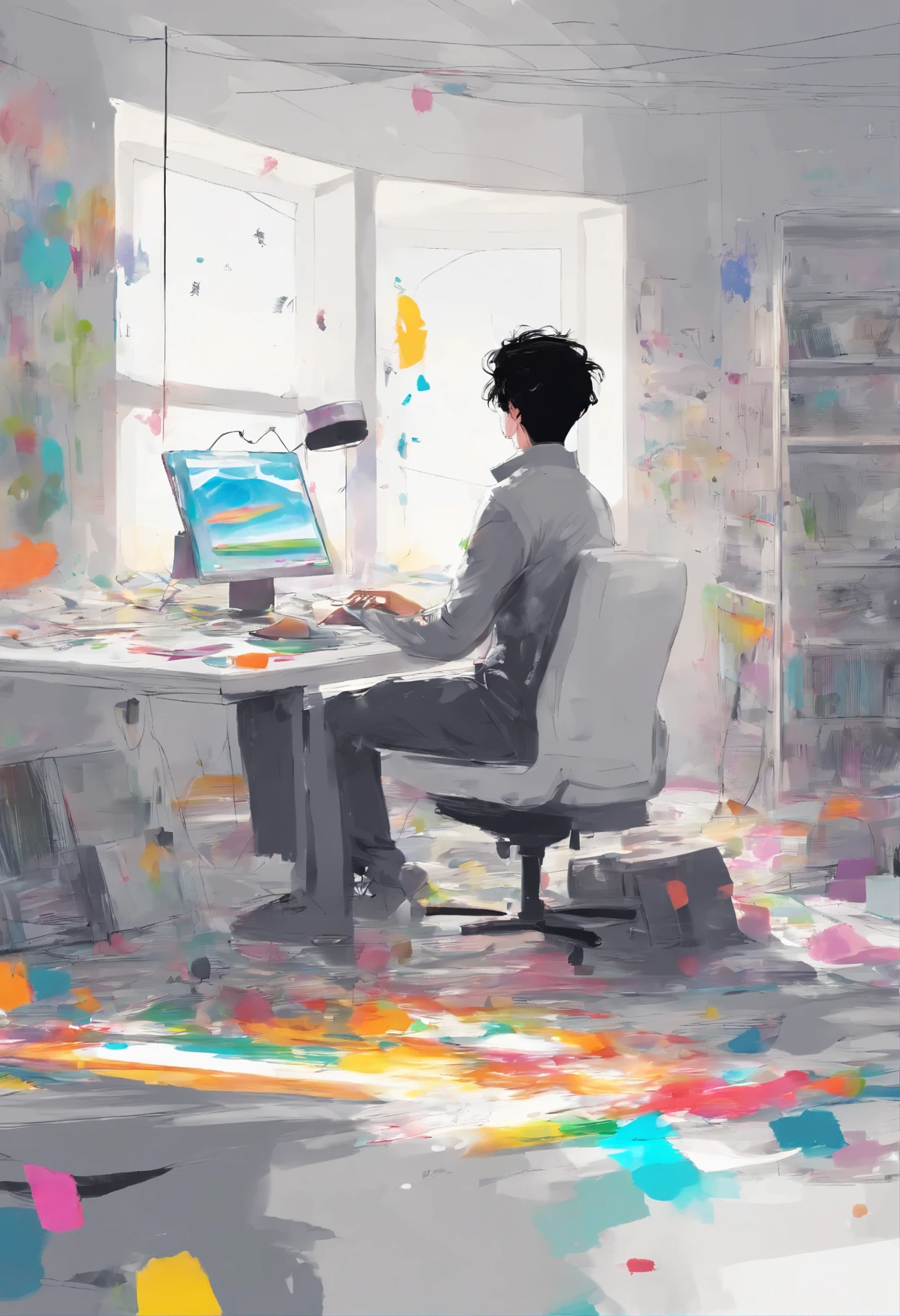 pure white room, Tall man working on a PC, black hair, simple clothes, picture in white frame, rainbow flower painting.