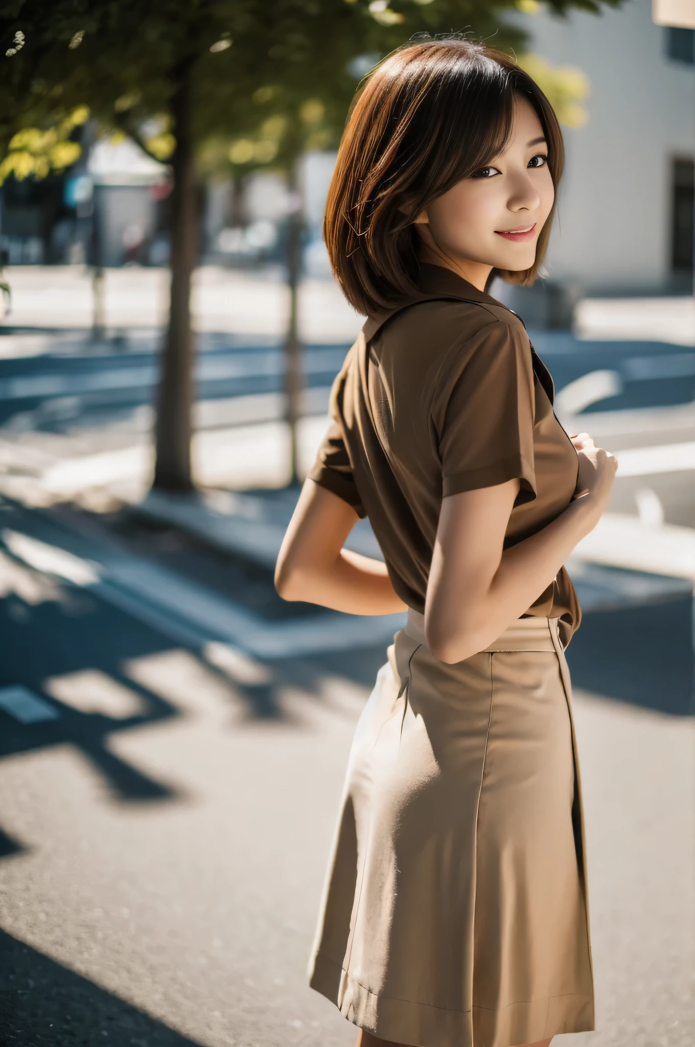 highest quality,masterpiece,32k,sharp focus,150mm,F1.4,professional lighting,cinematic lighting,Natural light all over the body,slim and smooth lines,beautiful japanese woman,25 year old girl,arched back,street,short hair,light brown hair,collared shirt,skirt,Hilarious,