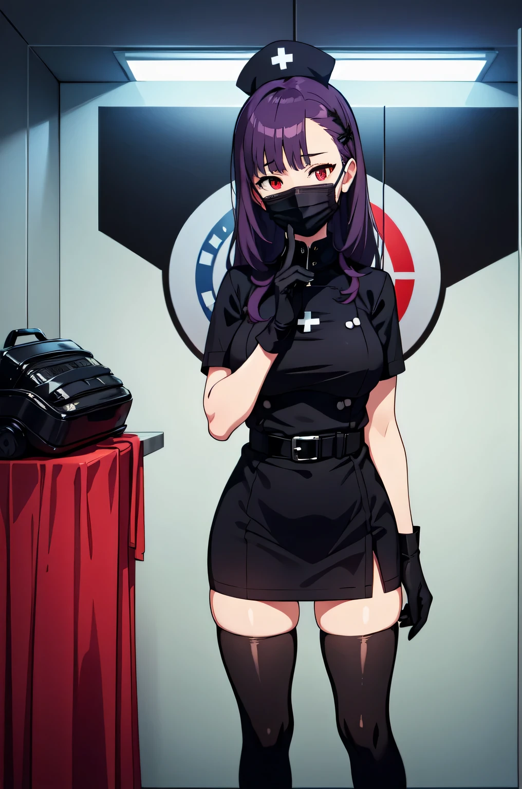 black nurse, 1woman, solo, black nurse cap, black nurse uniform, ((black legwear, zettai ryouiki)), black elbow gloves, long hair, purple hair, red eyes, ((black surgical mask, covered nose)), standing, ((surgery room)), sharp outline, short sleeves, mature female, 35 years old, best quality, masterpiece