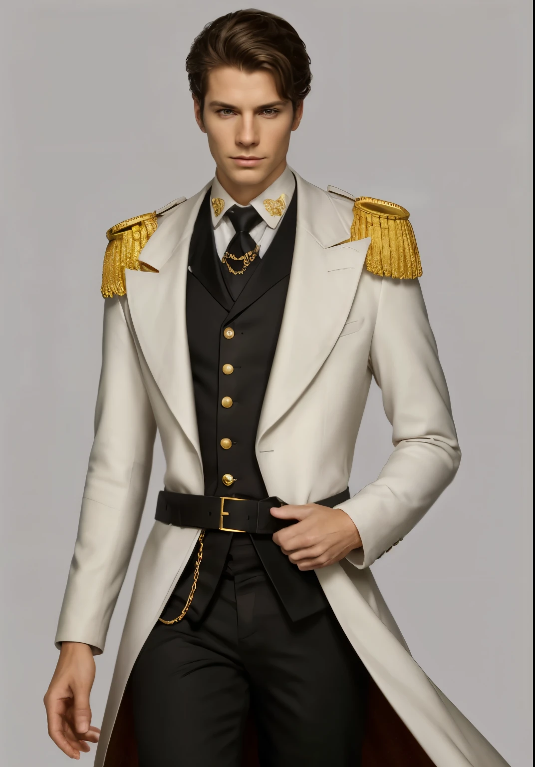 reference sheet: 1.8, great details, high quality, masterful work, Tall Boy, Beautiful face, long pants, art in boots, (masterpiece, A high resolution, high quality: 1.2), complex parts, cinematic lighting, clear focus, depth of field, White coat, black pants, black shoes with gold toe, Gold Elements, brunette, an aristocrat, Gold shoulder straps