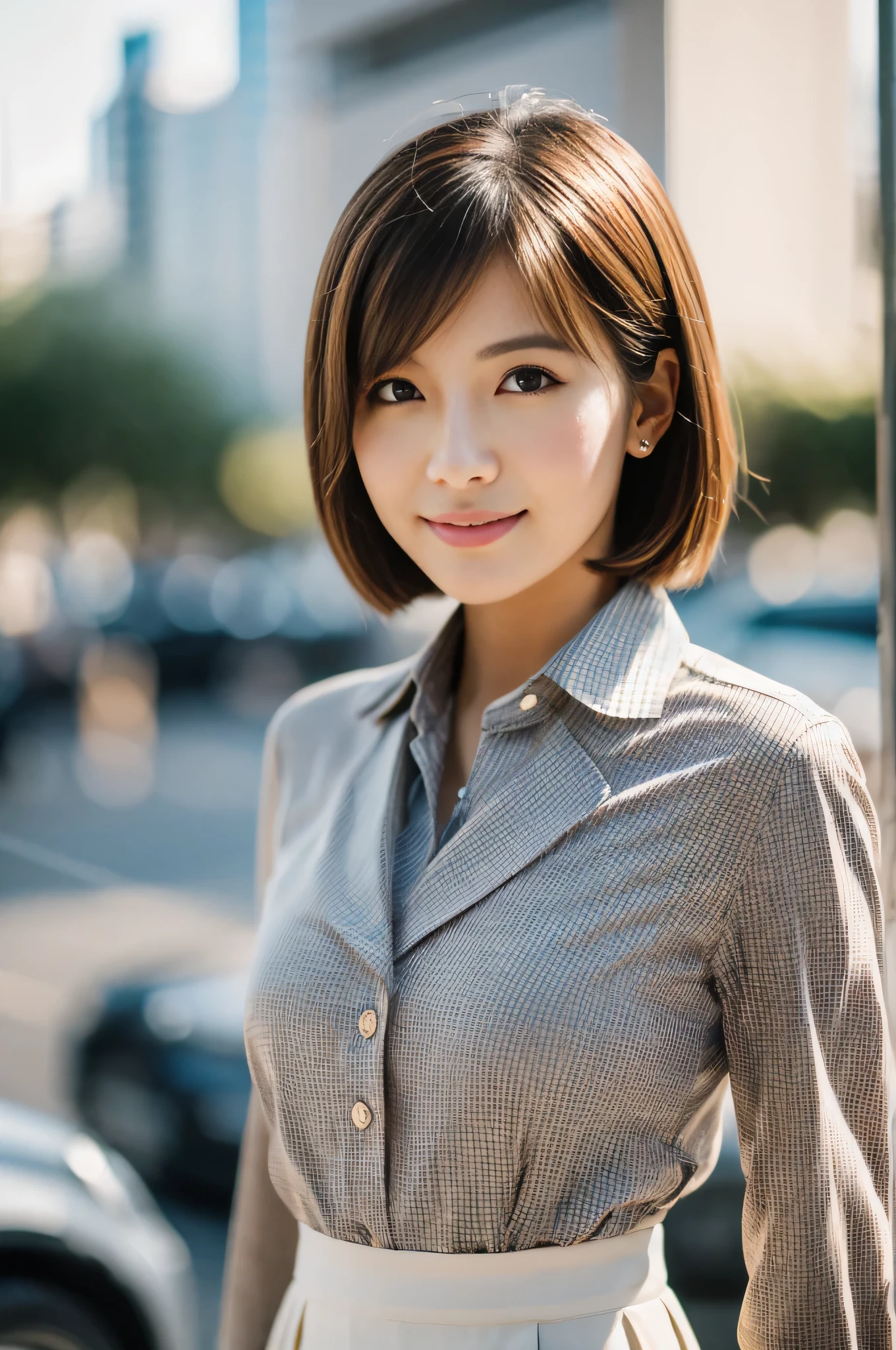 highest quality,masterpiece,32k,sharp focus,150mm,F1.4,professional lighting,cinematic lighting,Natural light all over the body,slim and smooth lines,beautiful japanese woman,25 year old girl,arched back,street,short hair,light brown hair,collared shirt,skirt,Hilarious,