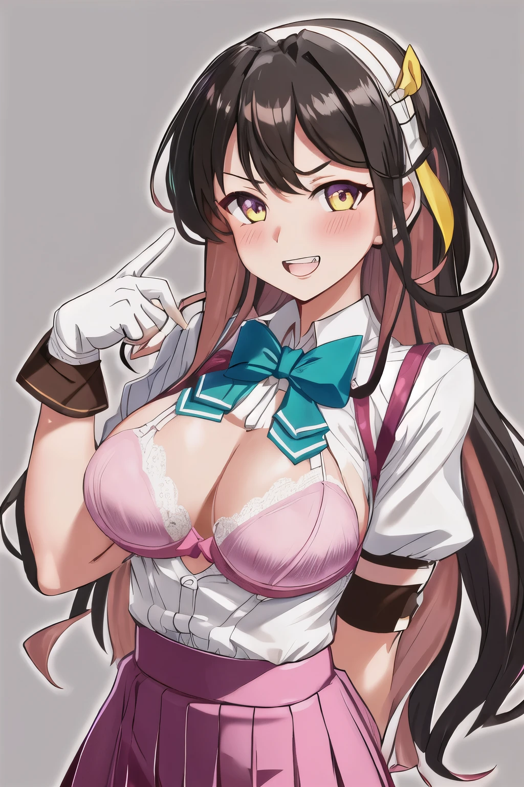 highest quality, masterpiece, High resolution, 一人in, {naganami_Fleet Collection:1.15}, colorful_hair, pink_hair, black_hair, length_hair, 2 tone_hair, yellow_eye, smile, teeth, wavy_hair, ribbon, Open_mouth, bow, blush, chest, hair_, 1 girl, bowtie, gloves, hairband, shirt, white_hairband, white_shirt, Brown_gloves, fingerless_gloves, short_sleeve,blouse, big_chest, skirt, hair_Down, looking for_in_viewer, School_uniform, purple_vest, (From above:1.2), bent down, blush, smile,perfect lighting, ((bra))