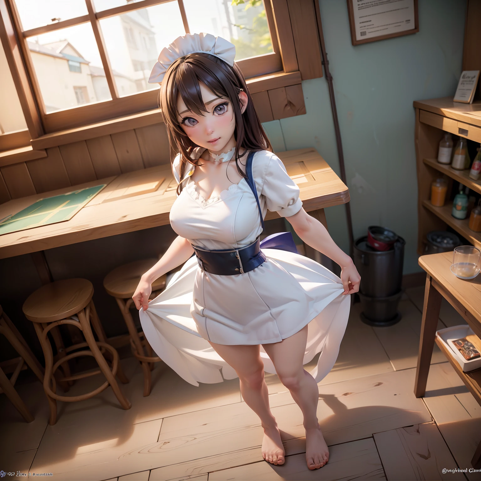 Rinne Touka, standing in a pub, maid, ((alone)), true to life body, make it real, ((perfect face)), detailed face, cinematic lighting, Masterpiece, highly detailed, high definition, detailed scenery, ((hyperrealistic anime)), ((full body:1.4))