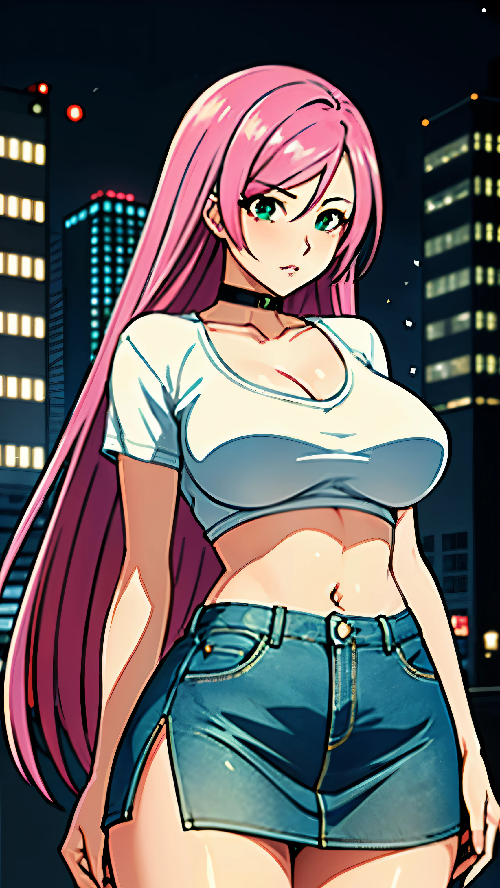 1 girl, 19 years old, Long pink hair, green eyes with slit pupils, High quality, Highly detailed CG unified 8K dendenden wallpaper, Highly detailed, High-definition raw color photos, Professional Photography, Beautiful detailed, Super Detail, high details, depth of fields、thighs thighs thighs thighs、beauty legs、Bare legs、 Super beautiful detailed face, (Best Quality, 4K, 8K, hight resolution, masutepiece:1.2), Physically-based rendering, Vivid colors, (Big , ultra gigantic , Super super big, Glamorous body), ( wearing a shirt for women crop v neck top white t-shirt、blue denim skirt), (Cyberpunk City)、(Cyberpunk city at night), (FULL BODYSHOT),