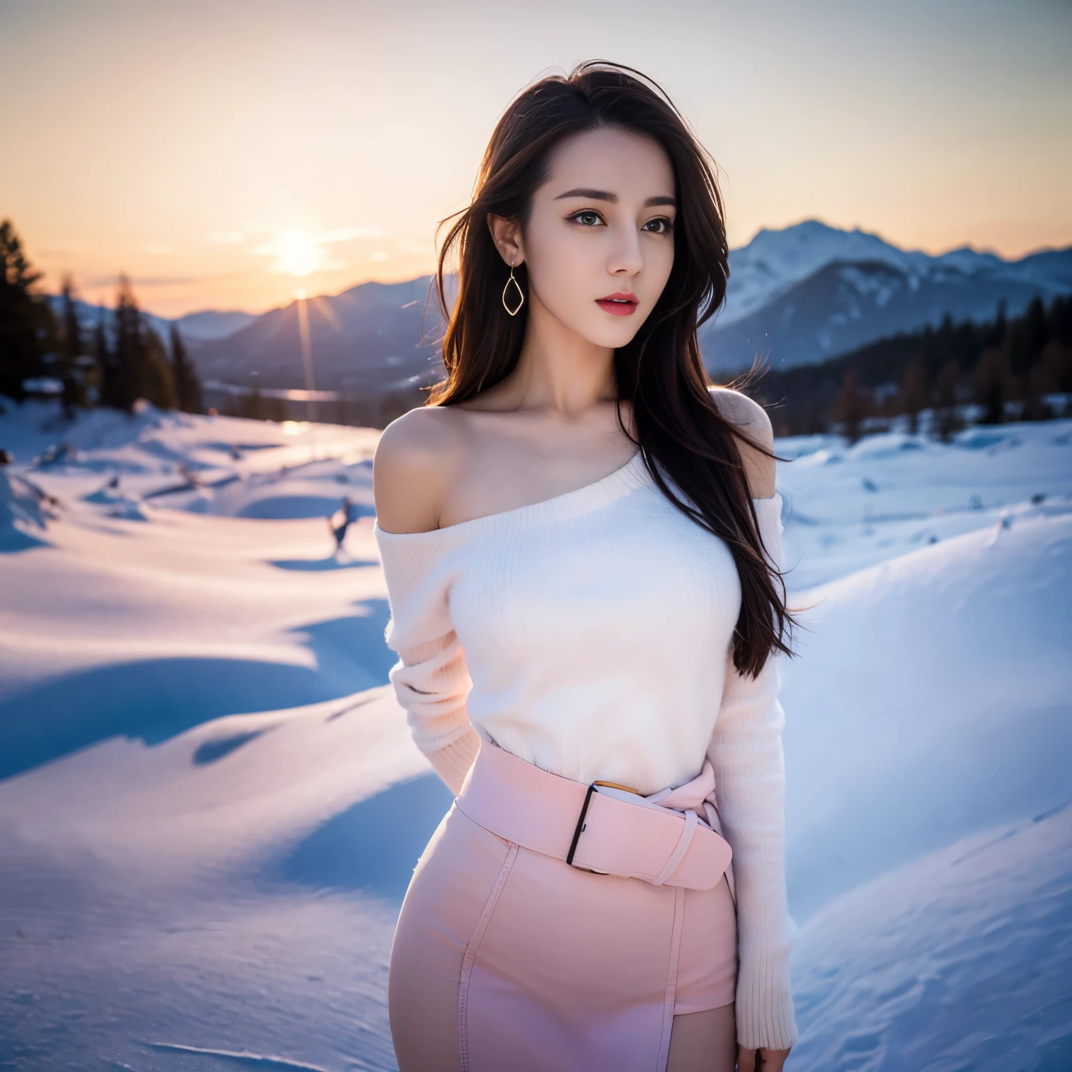 ((top quality、8k、Masterpiece:1.3))、Extremely delicate and beautiful girl,full-body shot,huge breasts,bigger breasts,amazing breast size,G cup。Wear big earrings,Very white skin,moist red lips,Waist is very thin,Thighs are very thin,big butt,fair and smooth skin,Smooth and fair skin,flawless skin,Fair and shiny skin,cold white skin,The camera focuses on the chest,Bright light,tight white sweater,Lower body exposed,bare shoulders,light pink hair,Hair is light pink,Snow covers the ground,snow mountain,sunset,lake