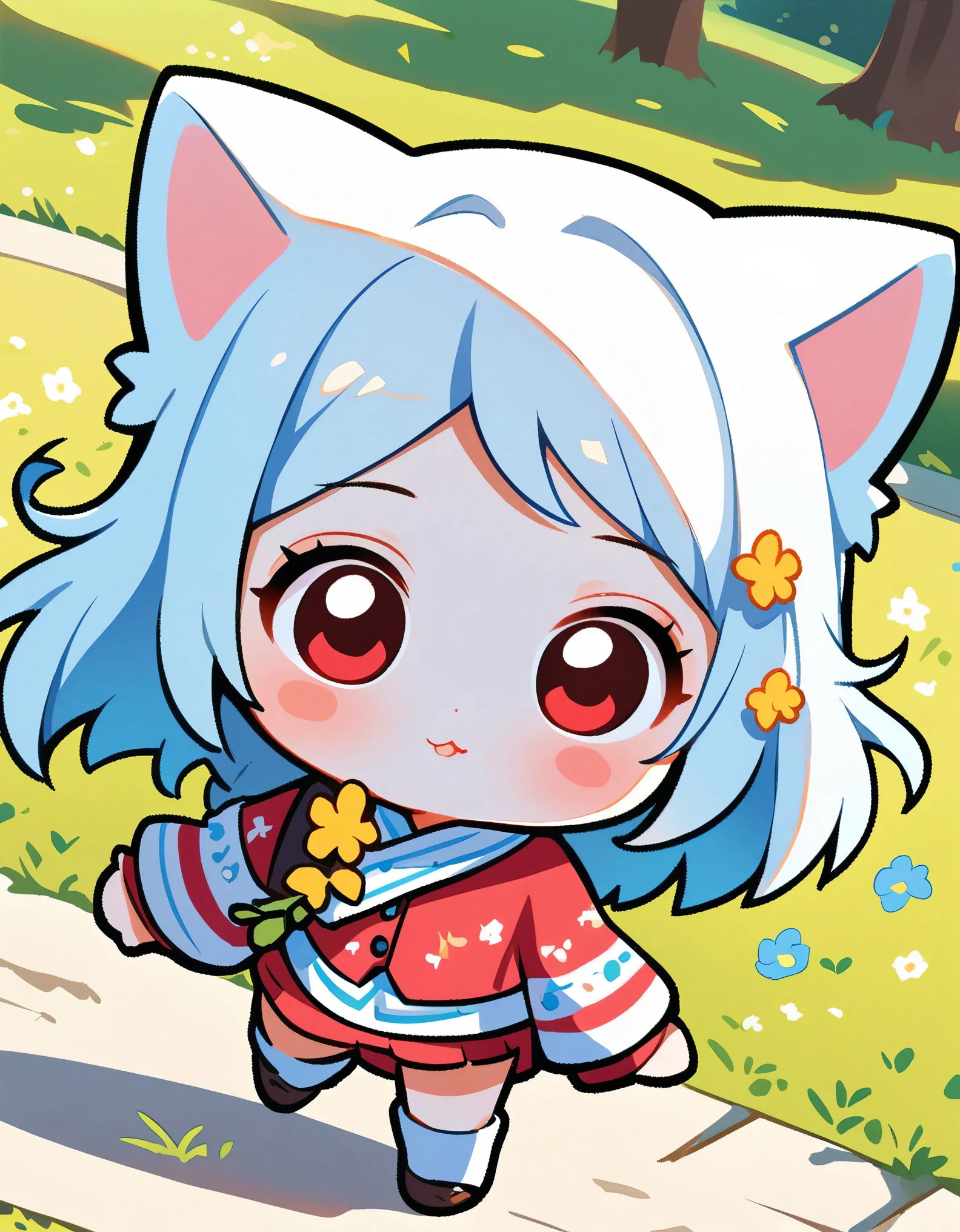 ((anime chibi style)), cute looking kitten with adorable eyes in the park, dynamic angle, depth of field