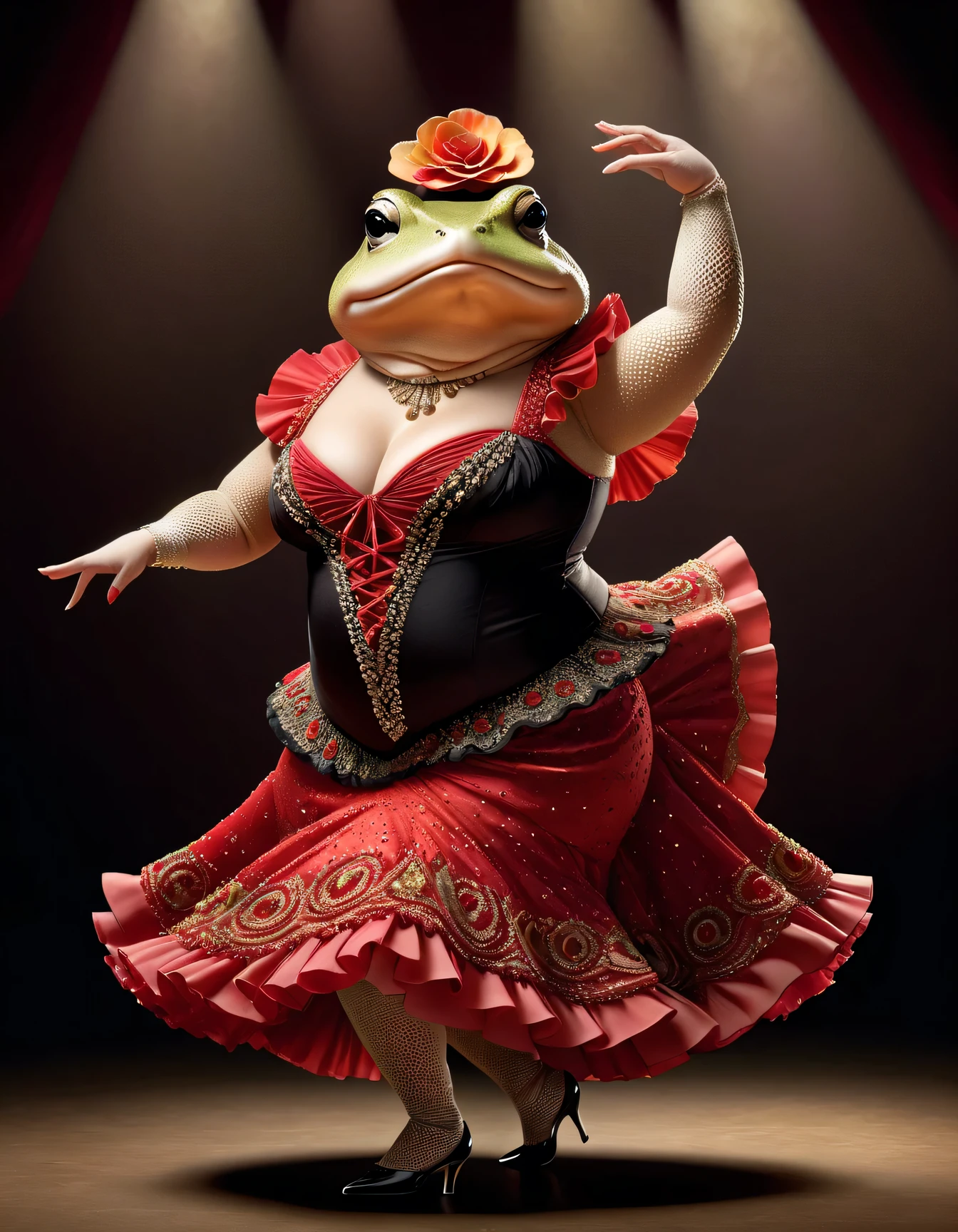 photorealistic portrait of Dressed animals - a ((fat)) toad flamenco dancer, arms up ,(flamenco dynamic dancing), high quality,(lovely) ,intricate details, highly detailed ((flamenco costume)) ,highly detailed dress, high heels, toad skin, highly detailed decorations, (cute), studio lighting,(full body image:1.5)