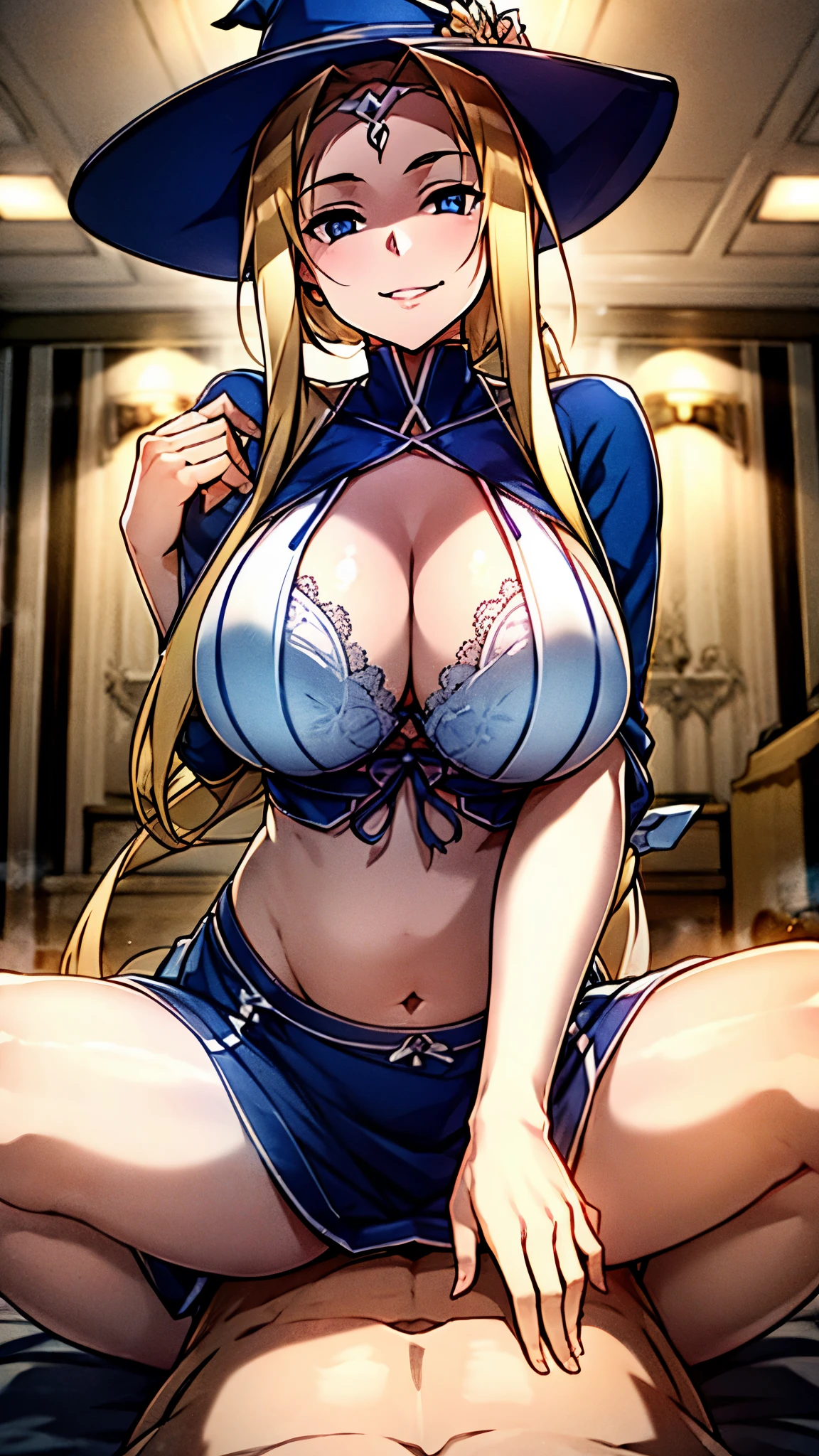 ((masterpiece)), ((best quality)), ((perfect eyes)), ((perfect skin)), ((super sexial)), ((background with bewitching bedroom)), female, like goddess, like spiteful mommy, exposed belly, bewitching beauty, curvy, POV from below, shot from below, big breasts, massage her breasts herself, femdom, queen, tall, smiling, spiteful, bullying, curvy, heavy, breasts massage, massage her belly herself, temptation, loving mommy, looking down on me, cowgirl position, sitting on my crotch, very long straight hair, taking off her dress, lingerie, taking off her bra, man is so skinny, man is borny, female is bigger than man, girl sex a weak man by force