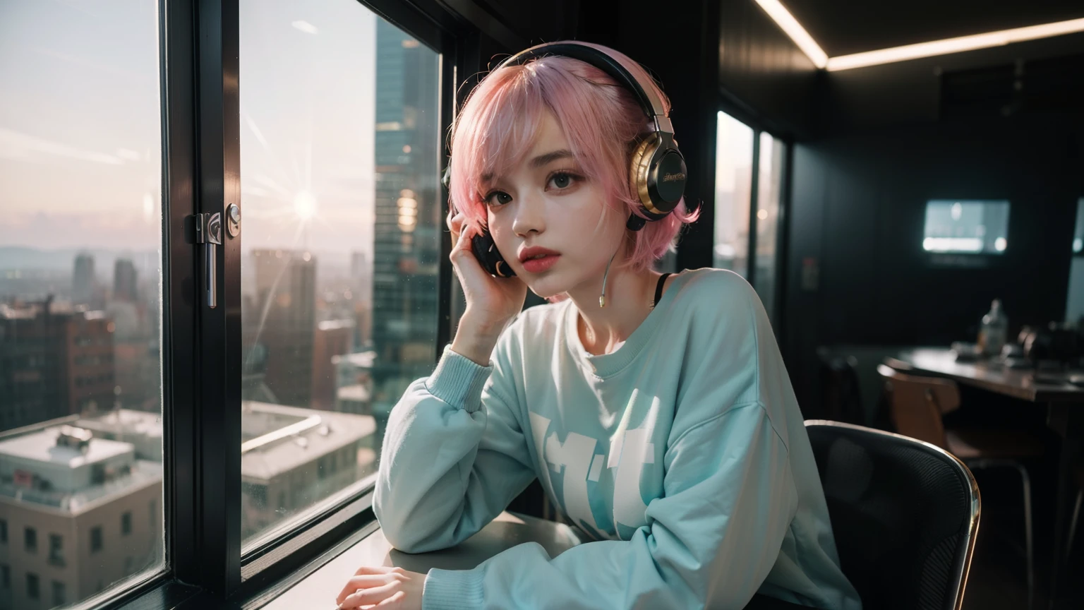 (arafed woman with headphones looking out of a window at night, girl wearing headphones, pink headphones, with headphones, lofi girl, with headphones, lofi portrait at a window, dreamy cyberpunk girl, listen to music, wearing headphones, Headphones On, Cute girl with pink short hair, white glowing headphones, headphones dj rave, listen to music at 2 am, cyberpunk atmosphere,silver and green long sleeve sweatshirt,As you sit in a room high in a skyscraper, the panoramic view of the bustling metropolis tinted by the sunset spreads before you through the full-length windows. The room is filled with dazzling LED lights, and the window frames radiate white, blue, and gold hues.