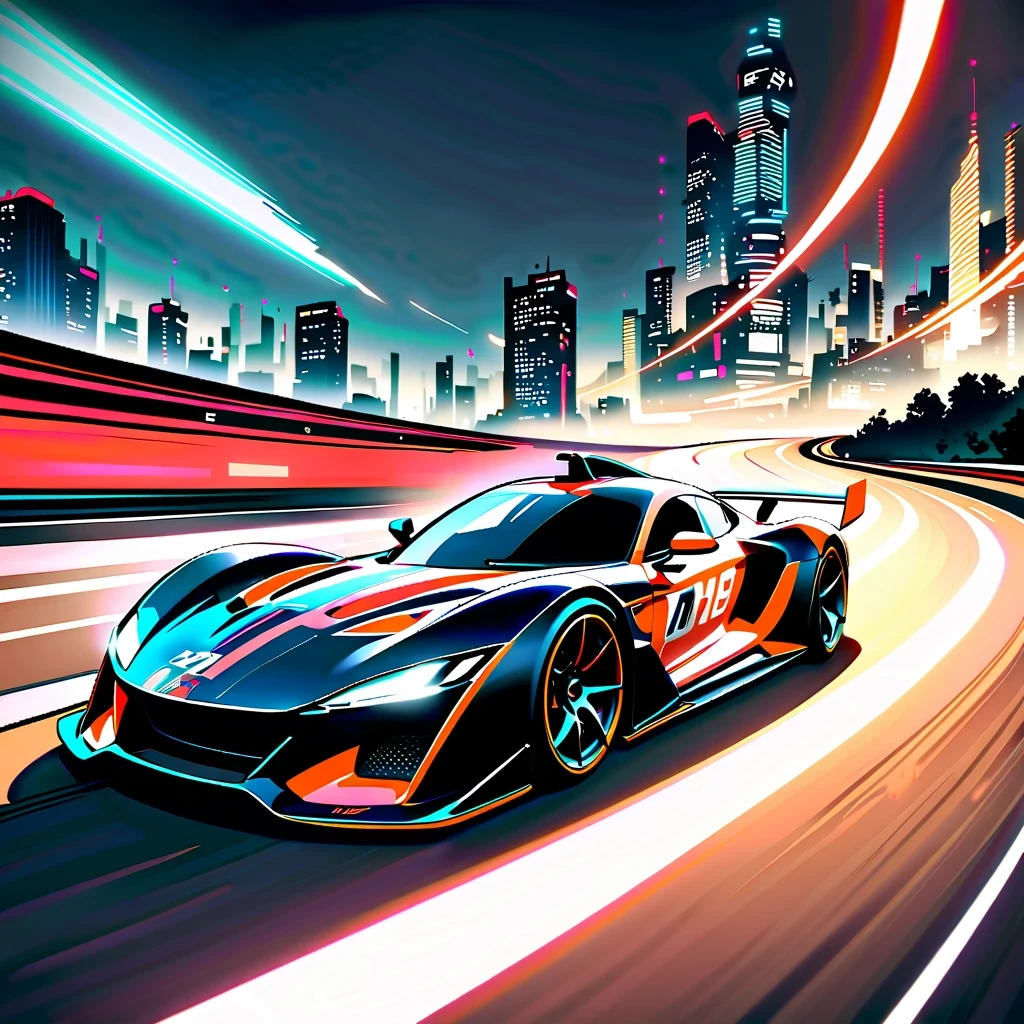 masterpiece, best quality, 4K, A stylish red racing car speeds around the track, Leave a trail of light, dark background,Contains numbers and lines representing speed or data transfer, Jet-like oil painting effect,Provide artistic style. High-tech race car with futuristic design, Smooth and dynamic lines, Race on a spacious track,The streamlined body and cool black color are eye-catching. Cityscape background with skyscrapers and bustling scenery, Forming a picture full of modernity and technology. The racing car is placed at the bottom of the frame, The cityscape fills the rest of the frame