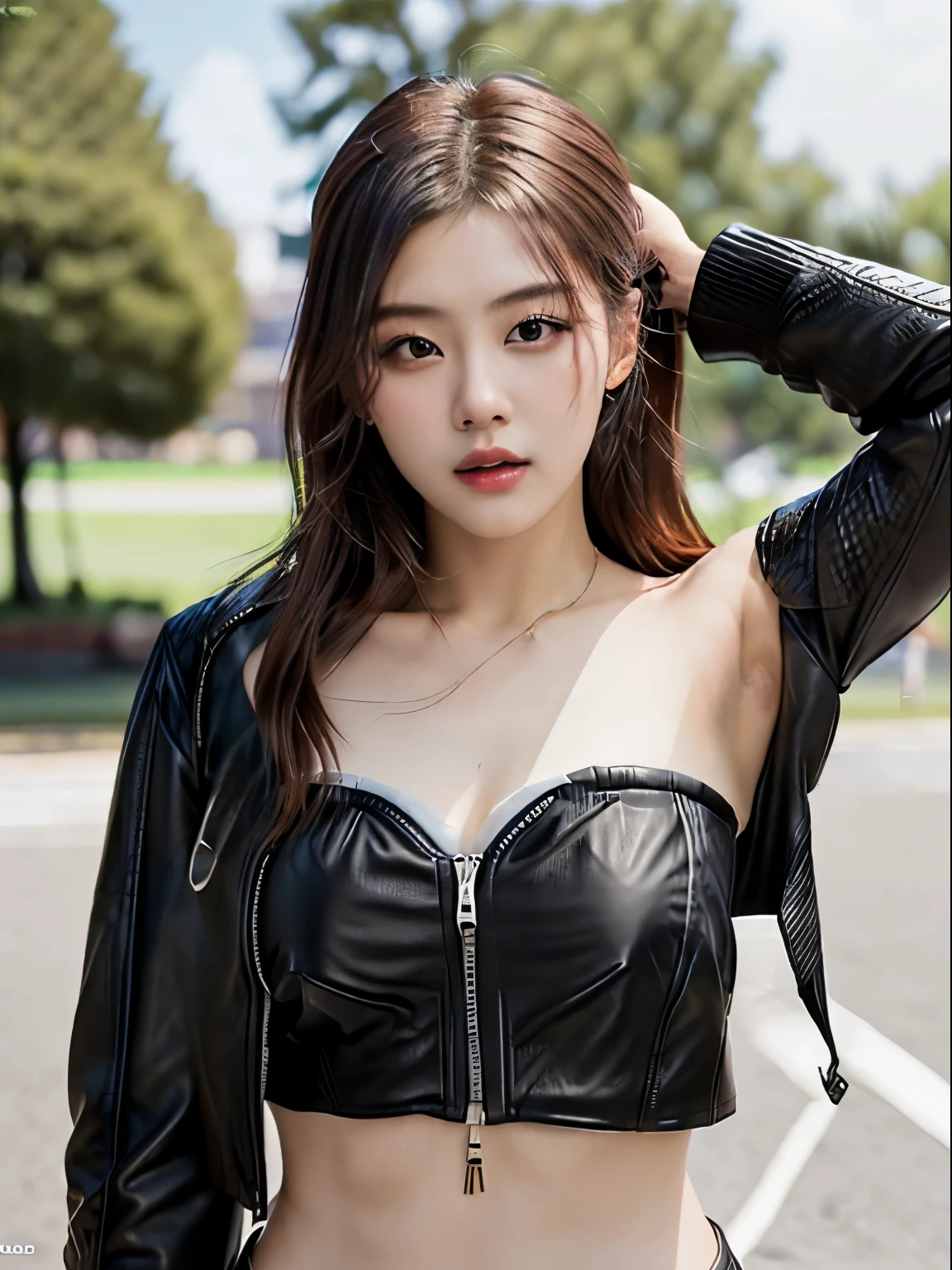 (masterpiece:1.2), 8k,(ultra-realsitic:1.37), in public park, f=1.8, daytime, Korean porn actress, (pose open jacket to show armpit:1.5), face lights, Detailed face, (seductive face:1.5), (a black faux leather jacket over white strapless sports top:1.5)