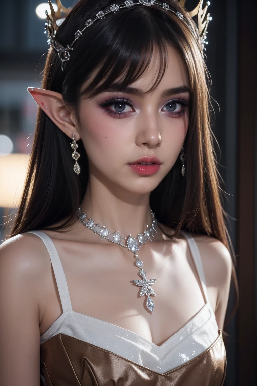 masterpiece,best quality,actual,high resolution,Very detailed,blurred background,1 girl,((portrait)),close up,Bangs,Elf,Elf ear,crystal earrings,((crown)),crystal crown,black skirt,corset,Red_bow,collar,((night)),Fluorescent plants,neon lights,