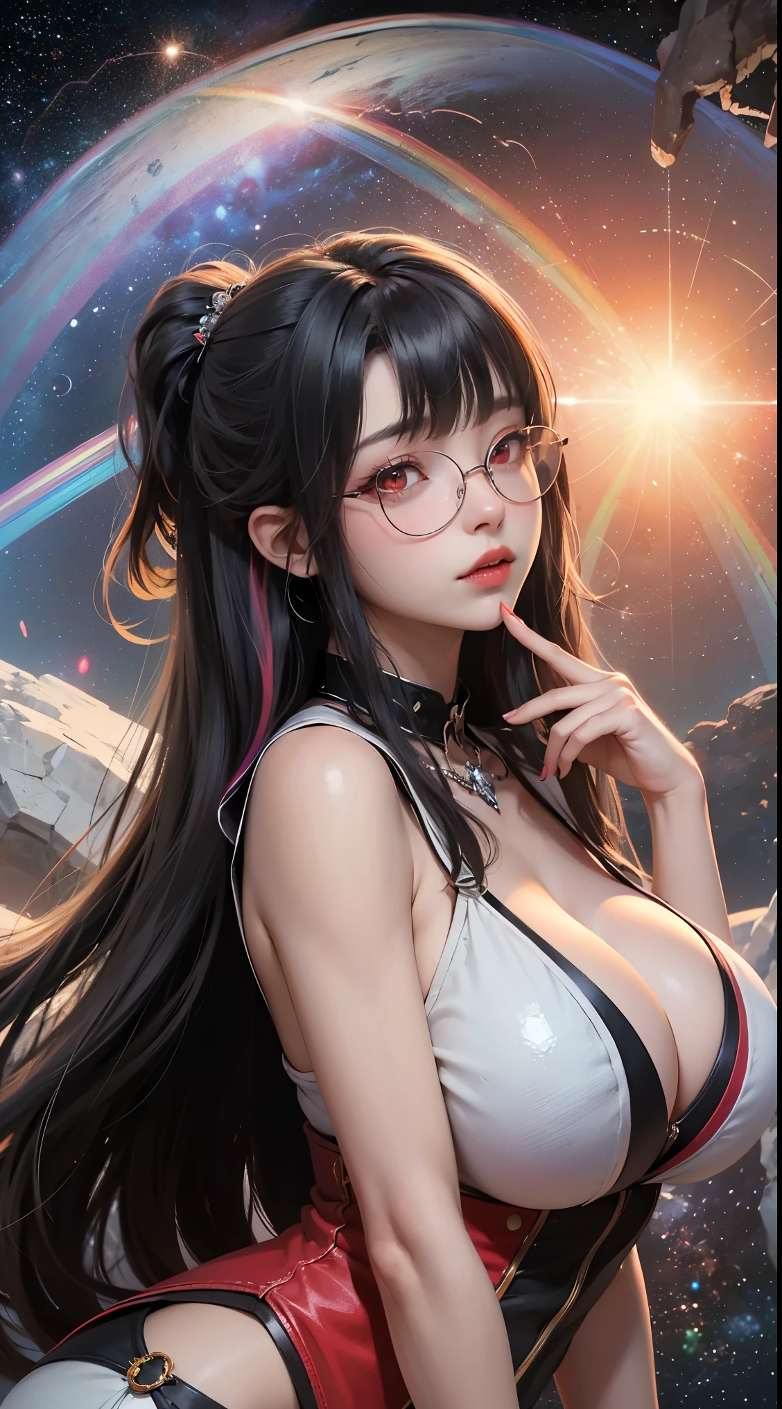 1名 27歳 woman, got it、(best illustration)、8K UHD resolution、intricate details、最high quality、realistic、Super detailed、best writing、best shadow、soft lighting、ultra hd、dungeon and Dragon、cave、dungeon、 necromancer、night、dark style、Succubus、devil'Daughter of、bat wings,(((デーモンホーンラック縁round glasses))))、(((big breasts)))、(devil'tail)、(red eyes shine:1.6)、masterpiece、beautiful features、Tyndall effect、realisticphotograph、(high detail skin:1.2)、8KUHD、Digital single-lens reflex camera、high quality、photograph、High resolution、 absurd、Ponytail distortion、Optimal ratio of 4 fingers and 1 thumb、1 girl、hair ornaments、真っ赤に輝くgemのネックレス、gem、beautiful expression、body up、big breasts emphasis、tight waist、wide ass、Tyndall effect、Photoreal、(high detail skin:1.2)、dark and mysterious version, lipstick red lips, thin and beautiful lips, Don'Don'Don'don't laugh, please keep your mouth shut, Characters created by Karol Baku and Pino Denis, intricate details, detailed background, very detailed, magic of light, woman, cute face, ((((giant glasses, otaku glasses, thick glasses, round glasses)))) , round chest, big and round chest, phoenix hair brooch, long hair with bangs, (Long hair has seven colors like a rainbow:1.9), Beautifully detailed face and well-proportioned eyes, (Crystal clear red eyes: 1.8), Big round eyes and very beautiful and detailed makeup, Visionary, long silk nightgowns, mysterious makeup, ブresponseレット, I dyed the side bangs light yellow....,hanging arms, リアルで鮮やかなphotograph, (stars that make up : 1.7), ( Space-time portal of sky and imagination: 1.8), fiction art, RAWphotograph,黒い着物のphotograph, 最高のphotograph , expensive_response, 最high quality, 最高のphotograph, 8K quality, 8k ultra , surrealism, 最も経済的な本物のphotograph, Artistic portrait of 12 signs, Symbol of one of the 12 signs on the reverse side, 12 Portrait of the Goddess, 最もrealistic配色, 最高のphotograph color, masterpiece, hair ornaments, ネックresponse, jewelry, beautiful face, Tyndall effect, photographのようにリアルな, Dark studio, border light, two tone light, (fine skin) expensive: 1.2), 8K UHD, Digital single-lens reflex camera, soft light, expensive quality, volume light, Frank, photograph, expensive responseolution, 4K quality, 8K, Bokeh, smooth and sharp, 10x more pixels, Charming goddess, sexy goddess, (background space: 1.8), (milky way: 1.7), aurora, lightning, (auroraの背景: 1.8) <roller:crazy_perfect eyes_V1_from_V1_, beautiful goddess and flowers,