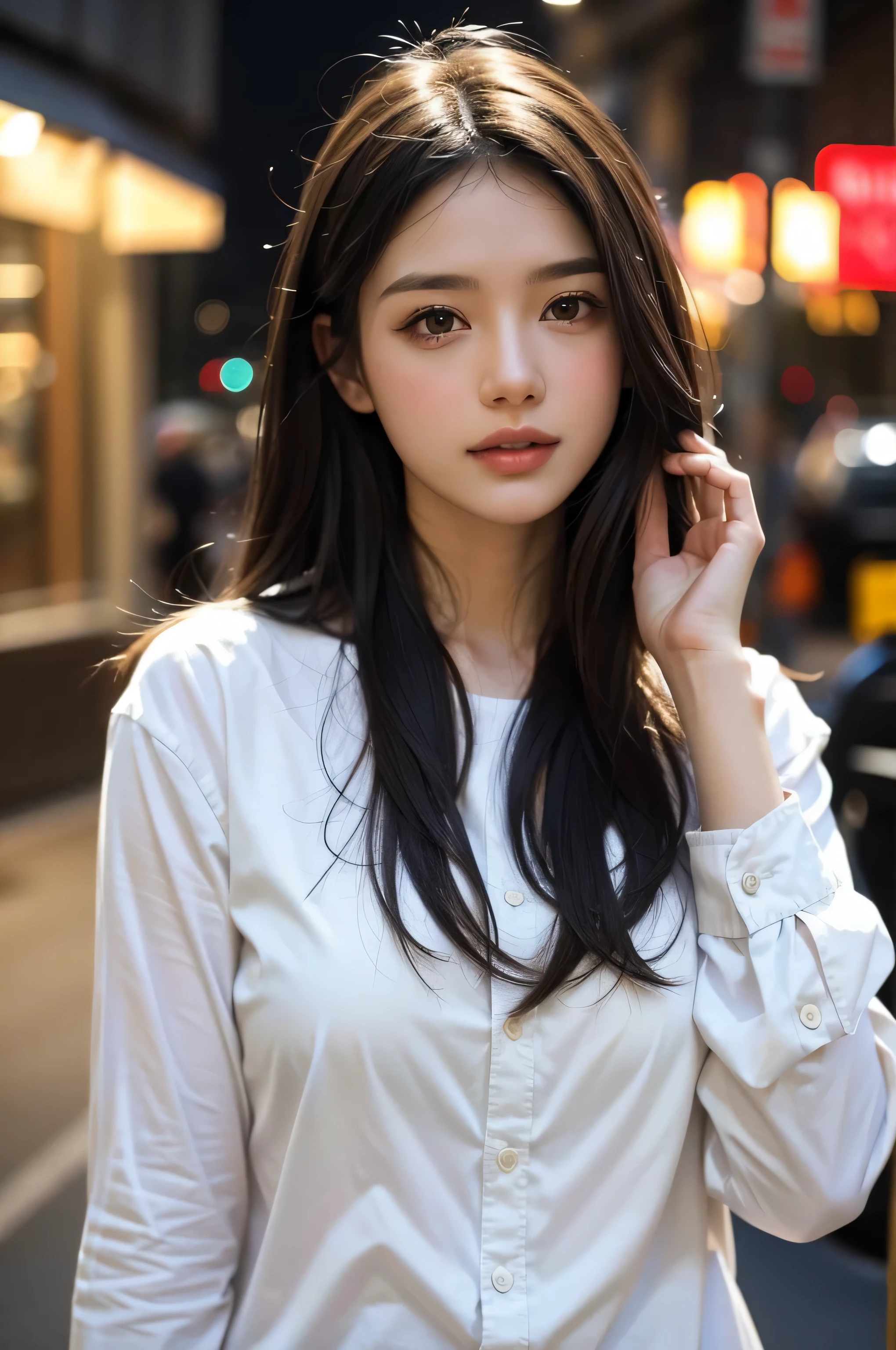 extremely detailed eyes, extremely detailed face, best quality ,masterpiece, extremely detailed, ultra-detailed, (realistic, photo-realistic:1.3), (facing front), looking at viewer, white shirt, night time,(5 star restaurent), passport picture, 1girl upperbody