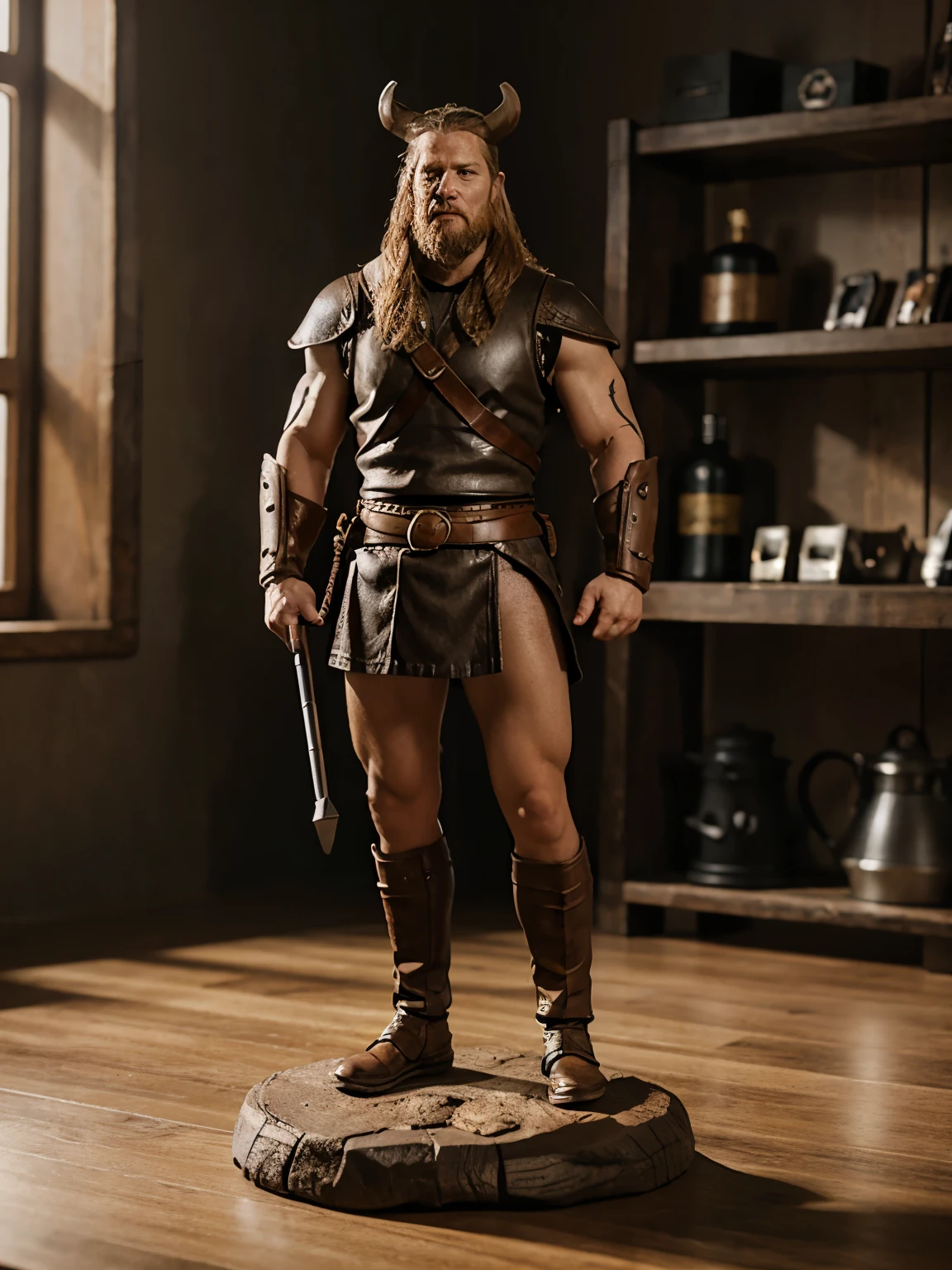 full body, action figure of viking, displayed on table, photo product,