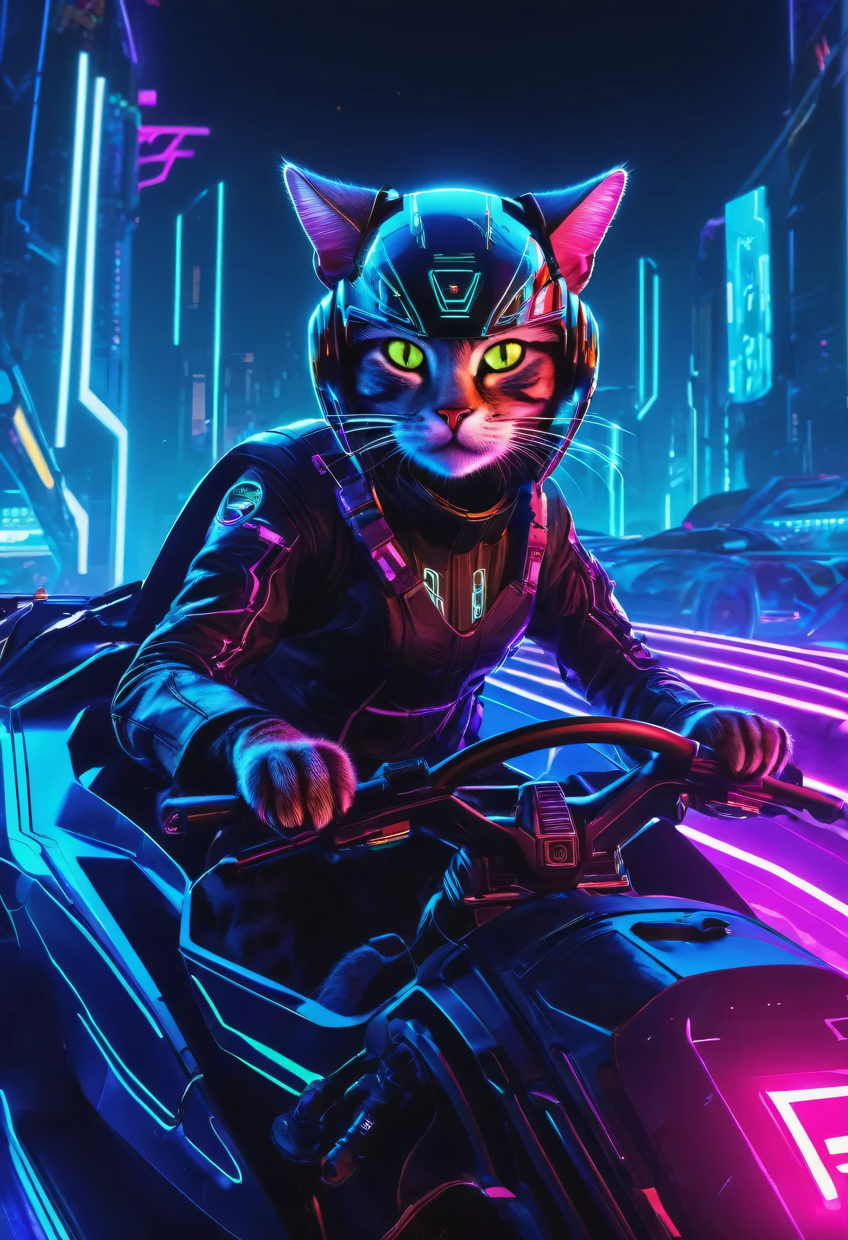 Cyberpunk theme scene, Depicts a cat sitting behind a sleek steering wheel, futuristic vehicle. The cat wears a cybernetic helmet and enhanced armor, Exudes a feeling of strength and determination. The vehicle is decked out in neon lights and intricate cybernetic details, Seamlessly blends into darkness, Cityscape lit by neon lights. The track is a high octane track, Full of futuristic obstacles and spectators watching from the shadows. capturing the essence of the cyberpunk aesthetic, Focus on the intense concentration of cat riders and the thrill of racing
