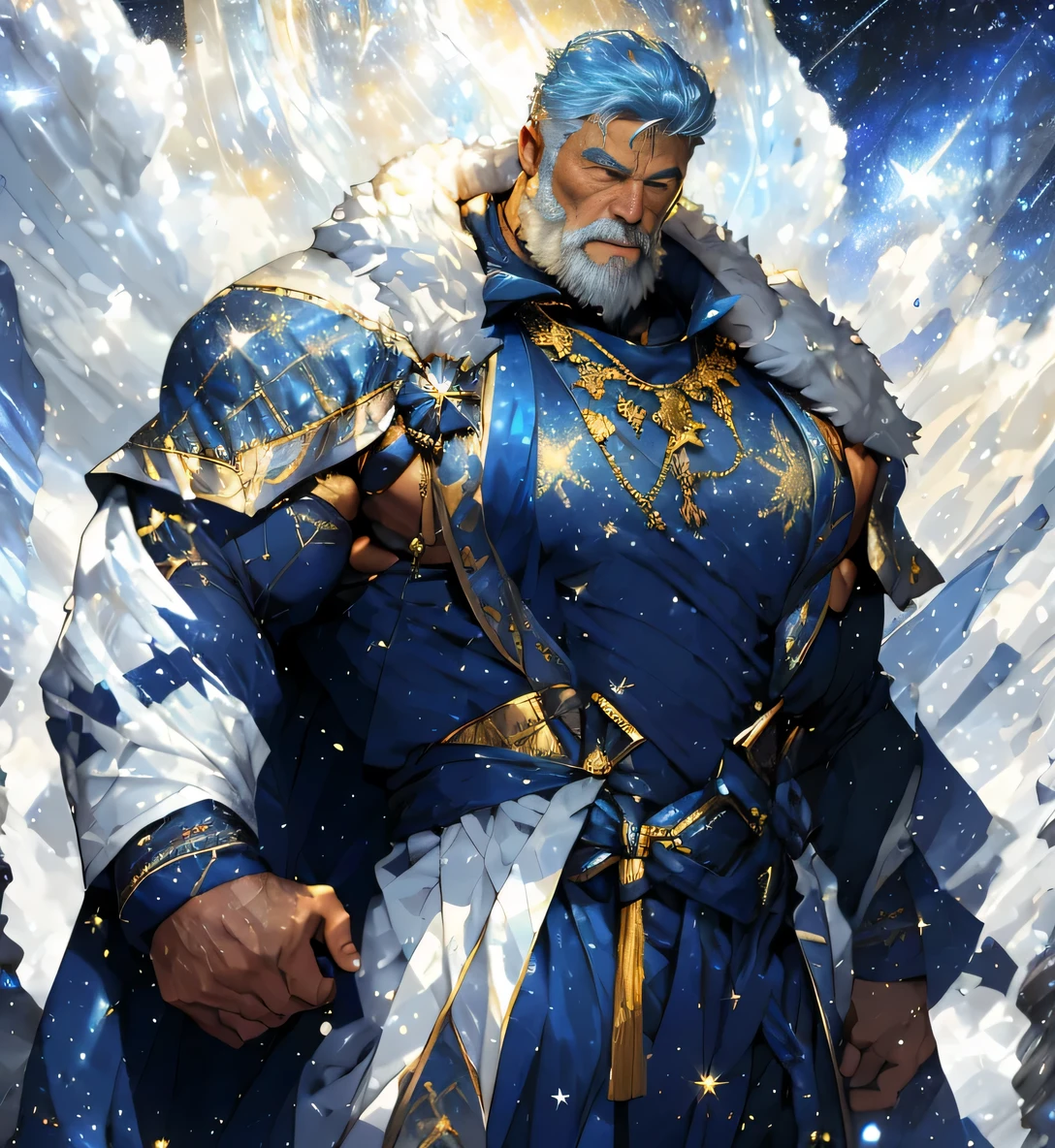 A big one, muscular old man，Sixty-five years old，Gorgeous sapphire blue silk robe，gold trim，He showed off his huge muscular chest，He showed off his great pecs，Energetic，Behind him are the brilliant starry sky and the cold polar regions，He showed off his strong chest muscles，Looking to the future，