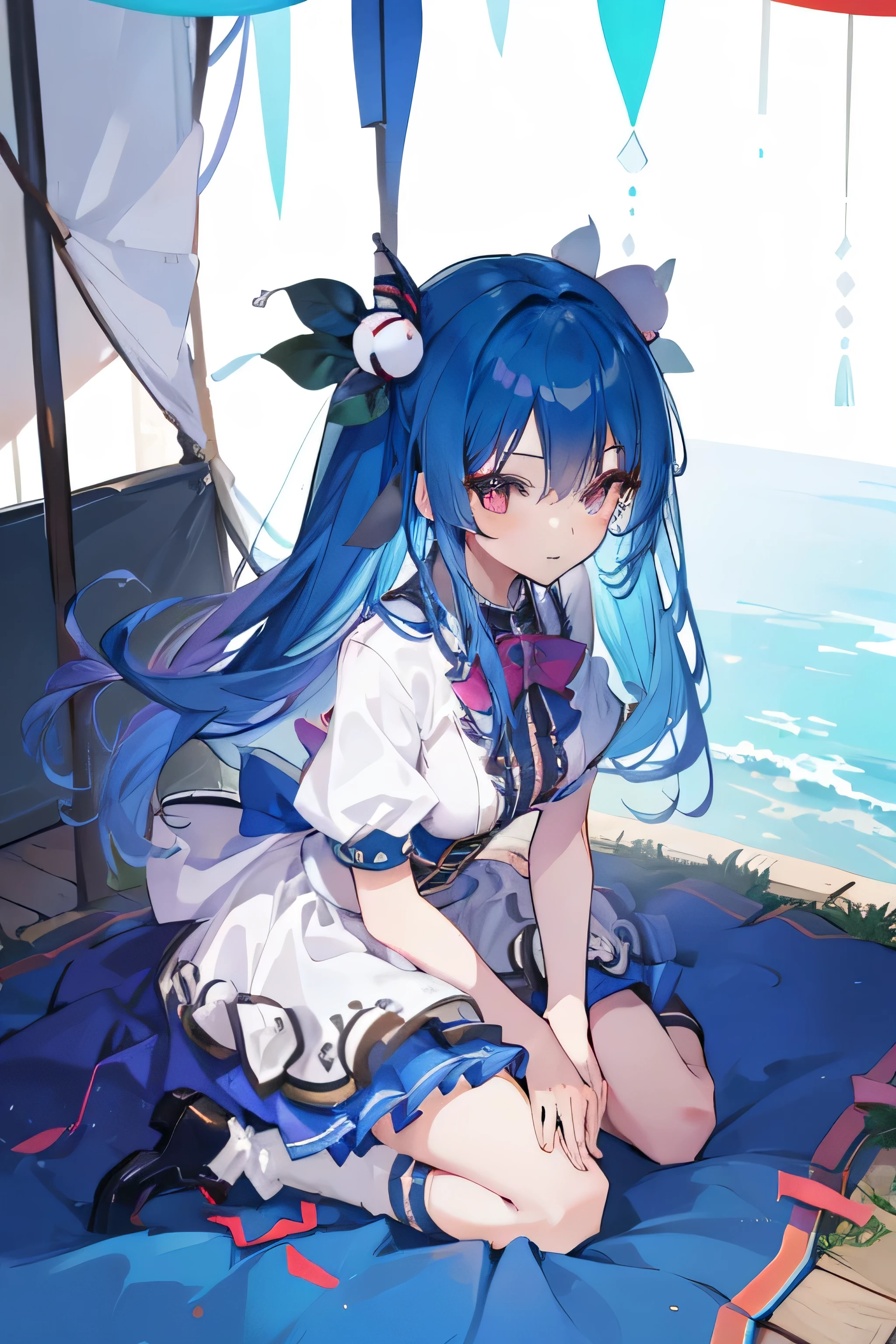 (masterpiece),best quality, expressive eyes, perfect face, 1girl,
big breasts, H cup, Good breasts, Put your hands on your waist,Fair, Gorgeous,japanese manga,girl,Laura,young angel, blue hair, blue haired,tent , tent chest, tent breast, floating clothes,grab your waist, grab your waist, hands on hips , hands on hips,sit, sit on ground, legs on the ground
