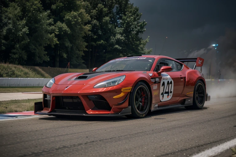 a racing car,shiny red paintjob,sleek aerodynamic design,high-speed car,blurry motion effect,high-performance tires,smoke coming out from the exhaust,aggressive front grille,sparks flying off the tires,roaring engine sound,busy racetrack,confident driver wearing a racing helmet,skid marks on the road,checkered flag waving in the background,excitement and adrenaline,racing team pit crew,flashing speedometer and tachometer,dynamic angles and perspectives,carbon fiber body parts,celebratory champagne spray,thrilling overtakes and close racing,bright stadium lights,prestigious racing event crowd cheering,portable pit garage,refueling and tire change,steep hairpin turns,expert precision and control,high-tech onboard cameras,fast cornering,heart-pounding acceleration,precision engineering and craftsmanship,excitement building up before the race,start line tension and anticipation,leading a pack of cars,mind-blowing speed and acceleration.