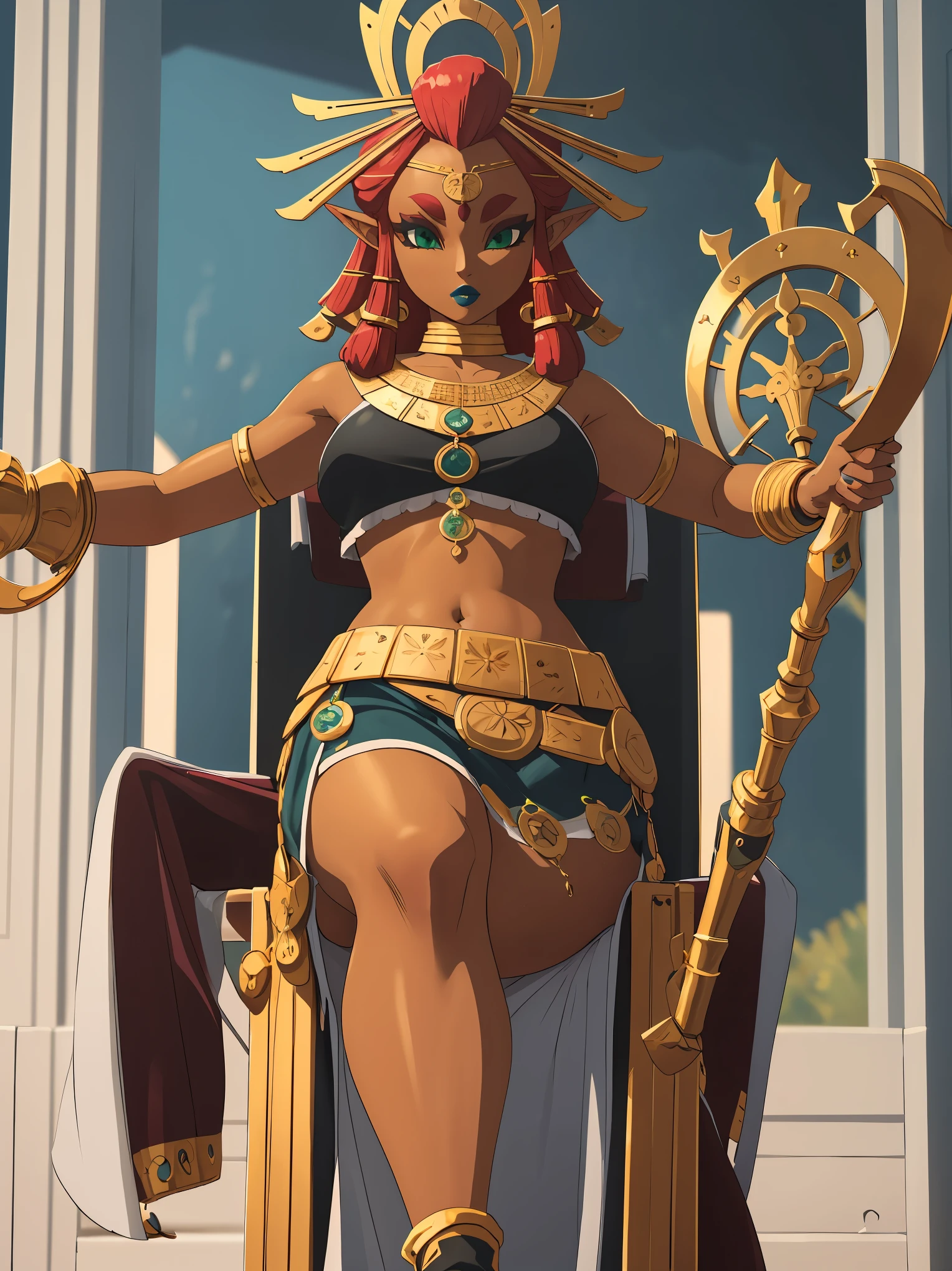 Big breasts, green eyes, dark blue lips, sitting on a throne, holding a spear, Riju
