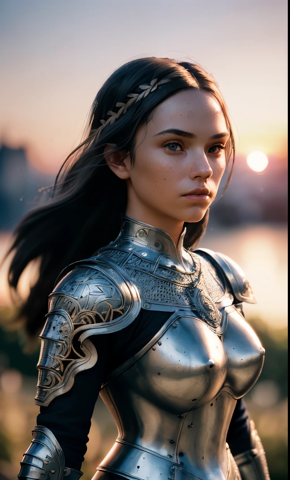 (masterpiece), (extremely intricate:1.3), (realistic), portrait of a girl, the most beautiful in the world, (medieval armor), metal reflections, upper body, outdoors, intense sunlight, far away castle, professional photograph of a stunning woman detailed, sharp focus, dramatic, award winning, cinematic lighting, octane render unreal engine, volumetrics dtx, (film grain, blurry background, blurry foreground, bokeh, depth of field, sunset, motion blur:1.3), chainmail