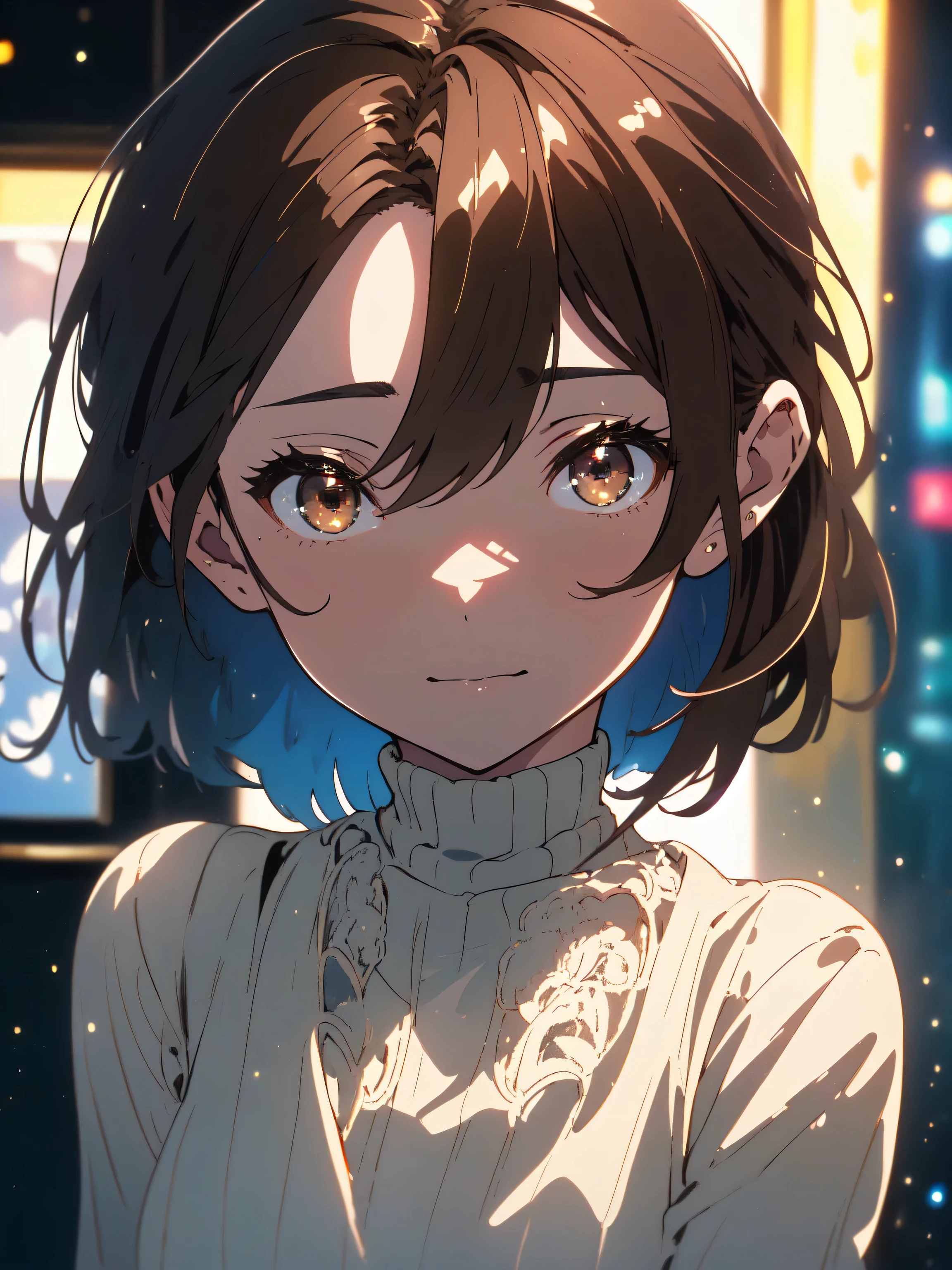 night, photograph, (((so beautiful))), (so beautiful肖像画))),(beautiful animeアート) ,(Two-dimensional beautiful girl),(1 20 year old girl), ((knit,do not have)),((micro mini dress))sexy ,(whole body), ((short cut natural brown hair)), [brown eyes],A gentle smile looking at the camera, ((masterpiece, 最high quality, Super detailed, movie light, intricate details, High resolution, 8K, very detailed)), detailed background, Digital single-lens reflex camera, soft lighting, high quality, film grain, shallow depth of field, Natural light, perfect face,(beautiful anime)