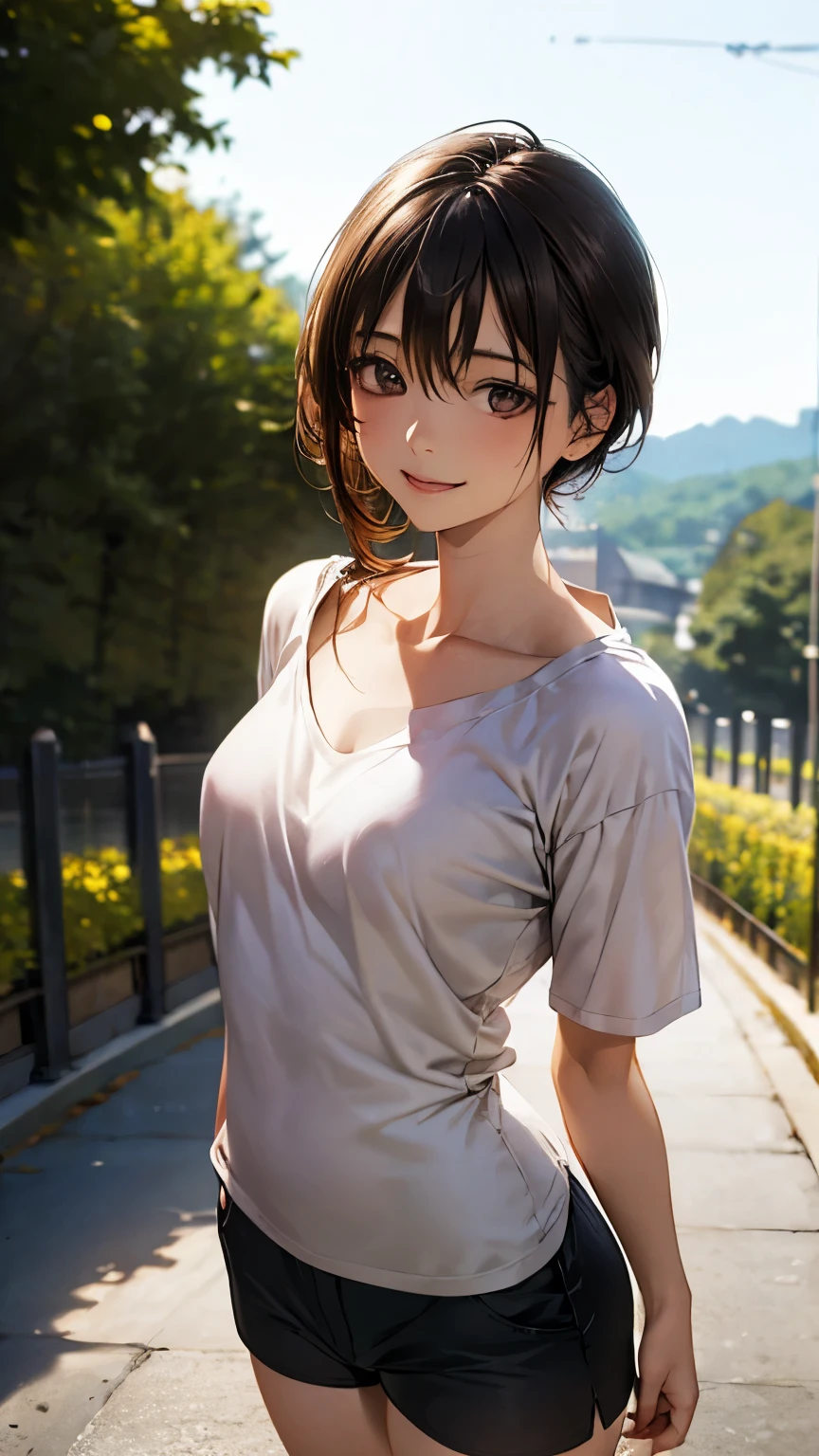 (masterpiece:1.2, highest quality), (realistic, photorealistic:1.4), beautiful illustrations, (natural side lighting, movie lighting), NSFW,
looking at the viewer, 1 girl, Japanese, high school girl, 15 years old, perfect face, Cute symmetrical face, shiny skin,
(short hair, brown hair), hair between eyes, brown eyes, long eyelash, (medium breasts),
beautiful hair, beautiful face, detailed and beautiful eyes, beautiful clavicle, beautiful body, beautiful breasts, beautiful thighs, beautiful feet, beautiful fingers,
((T shirt one piece:1.6, middle boots, shorts)),
(beautiful scenery), evening, (outdoor), Are standing, (cute smile, cowboy shot),